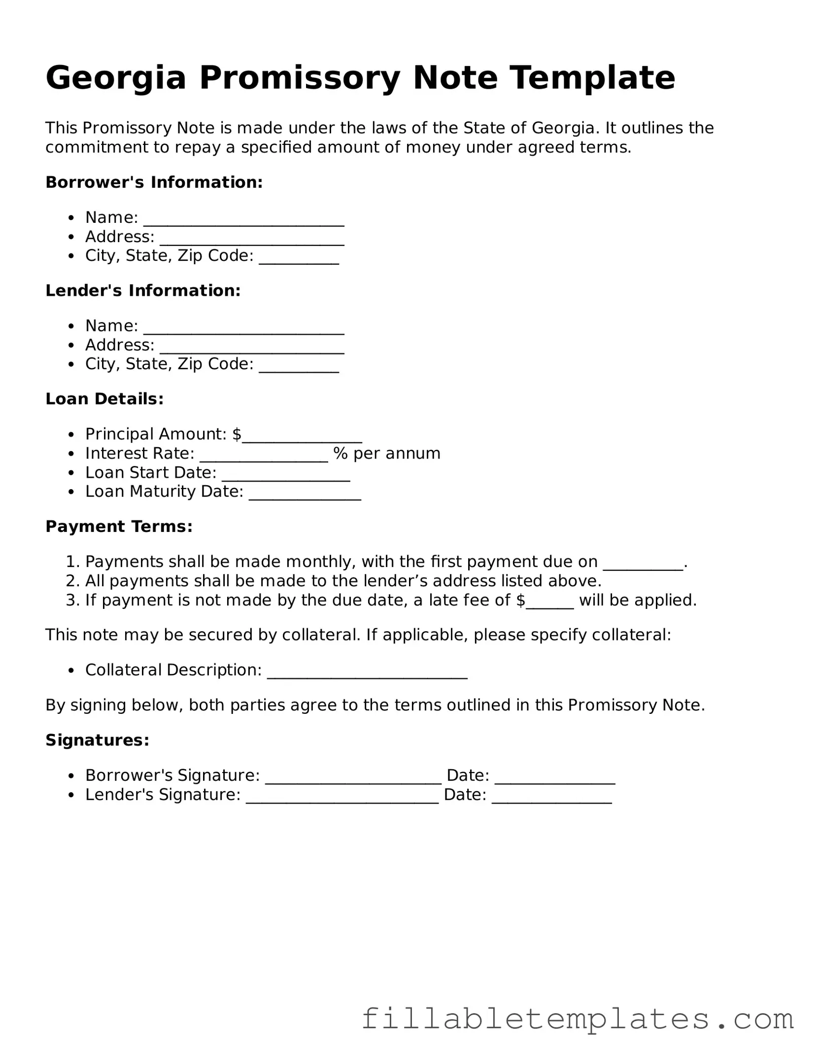 Printable Promissory Note Form for the State of Georgia