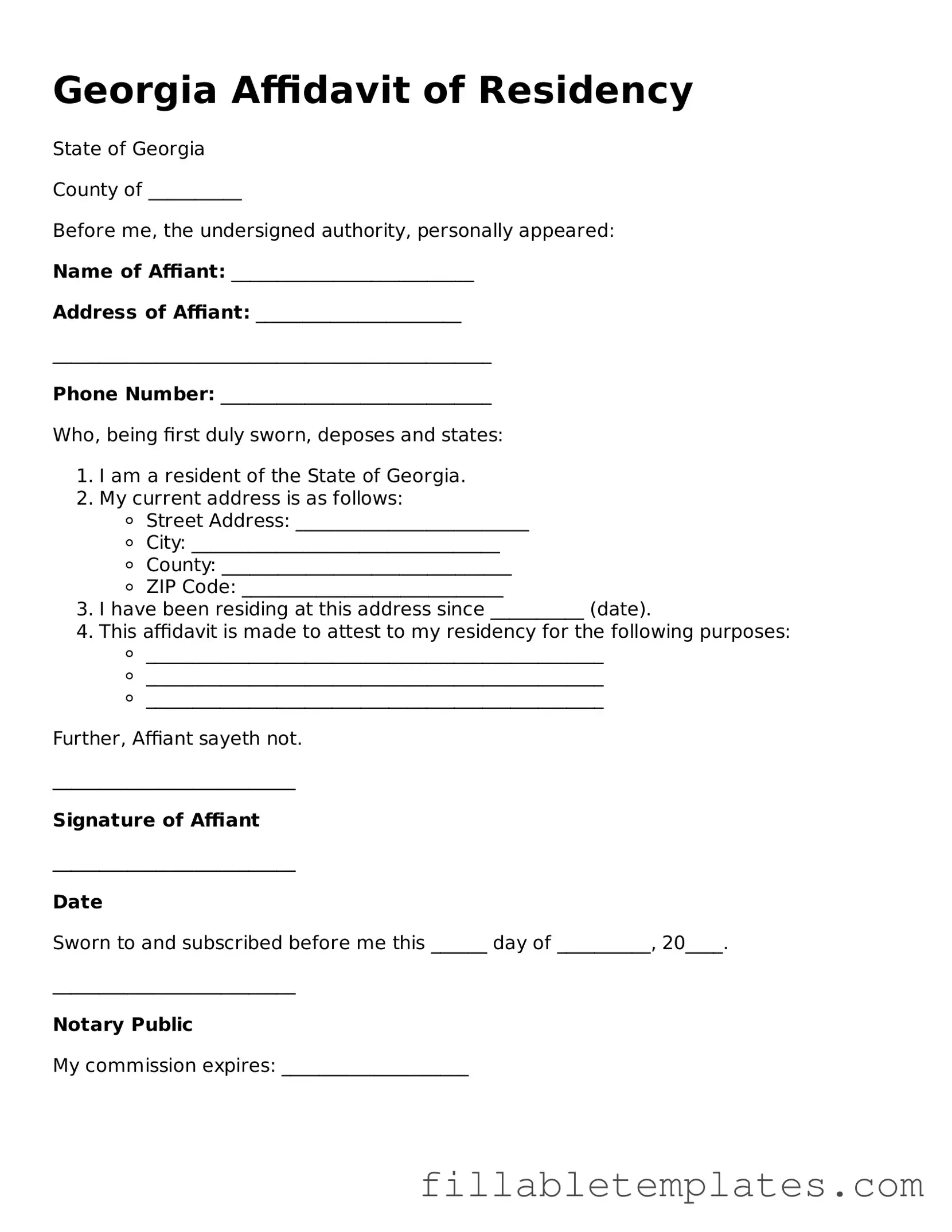 Printable Affidavit of Residency Form for the State of Georgia