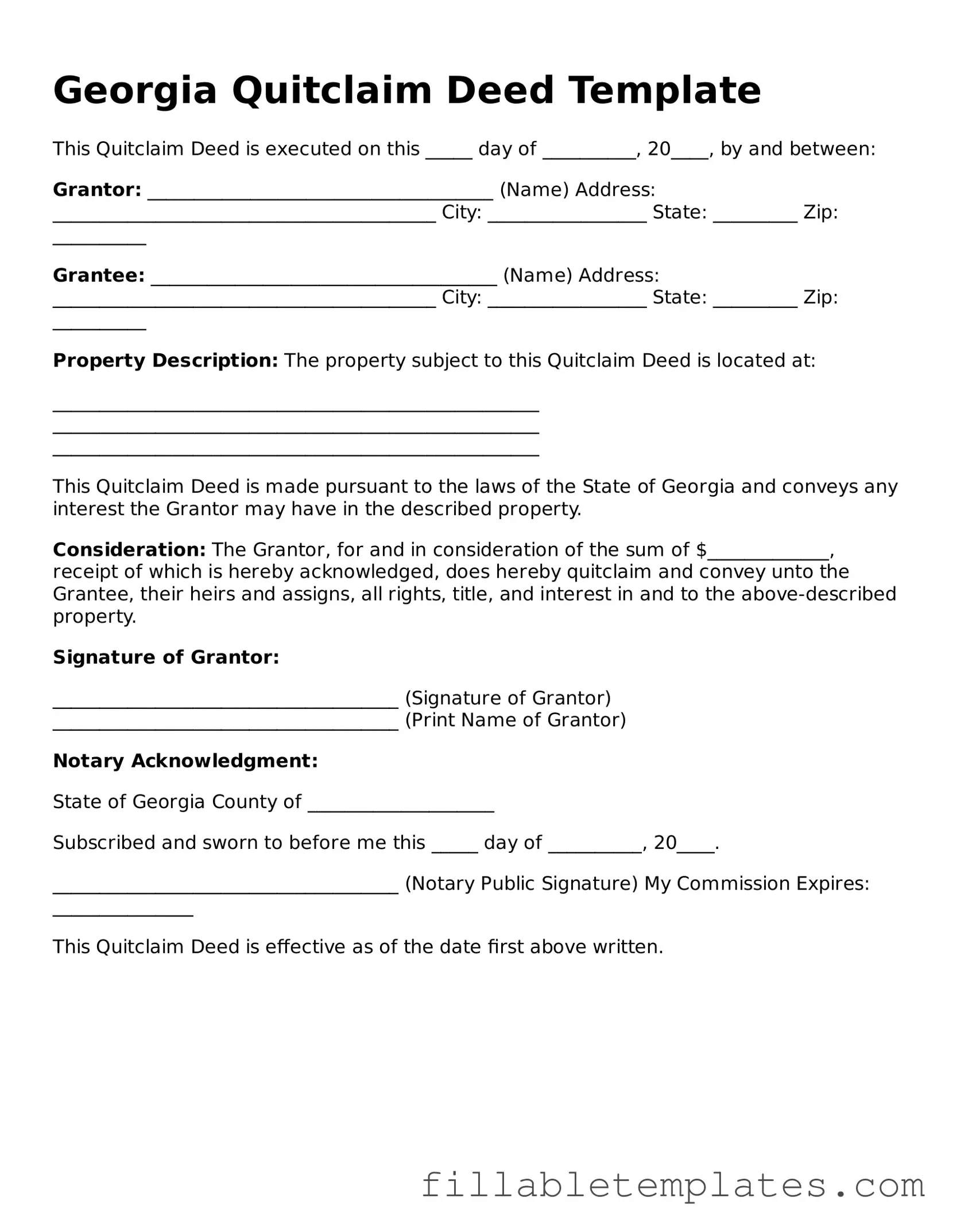 Printable Quitclaim Deed Form for the State of Georgia