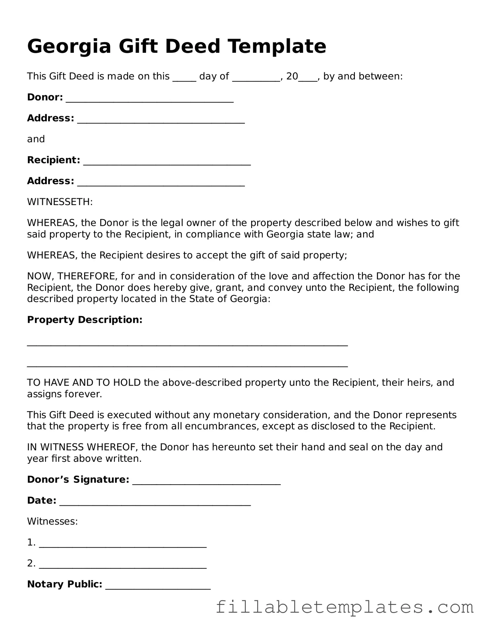 Printable Gift Deed Form for the State of Georgia