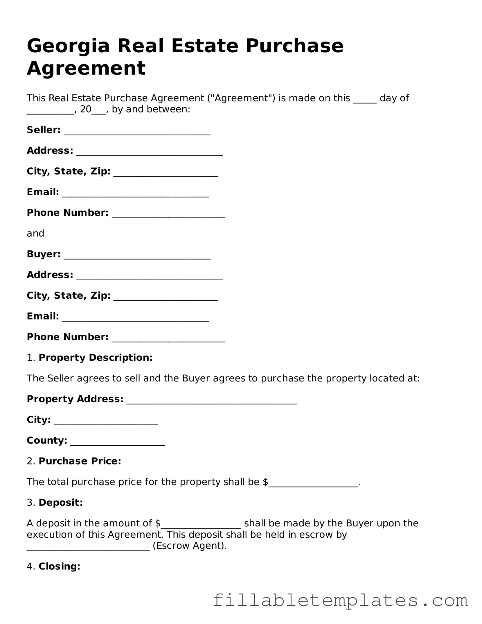 Printable Real Estate Purchase Agreement Form for the State of Georgia
