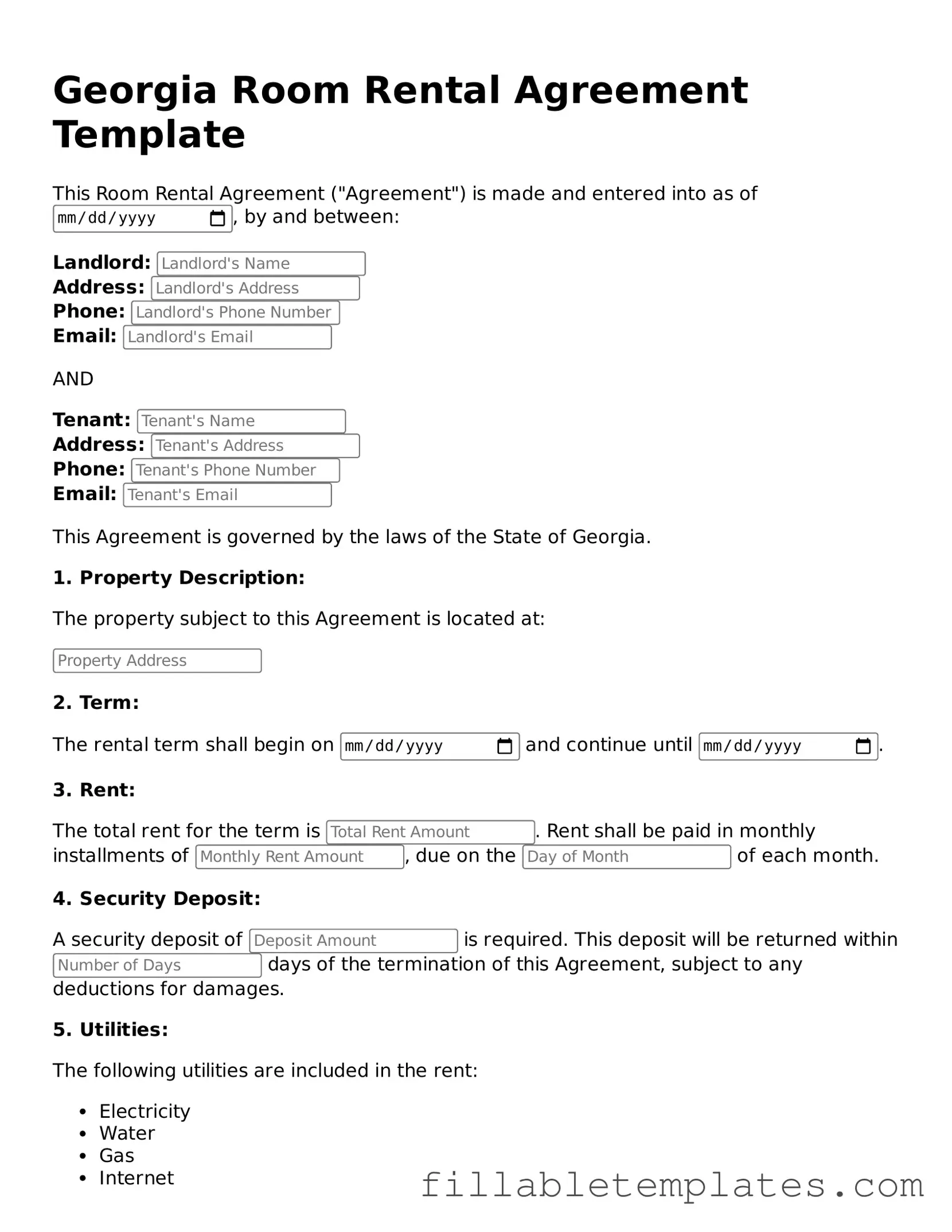 Printable Room Rental Agreement Form for the State of Georgia