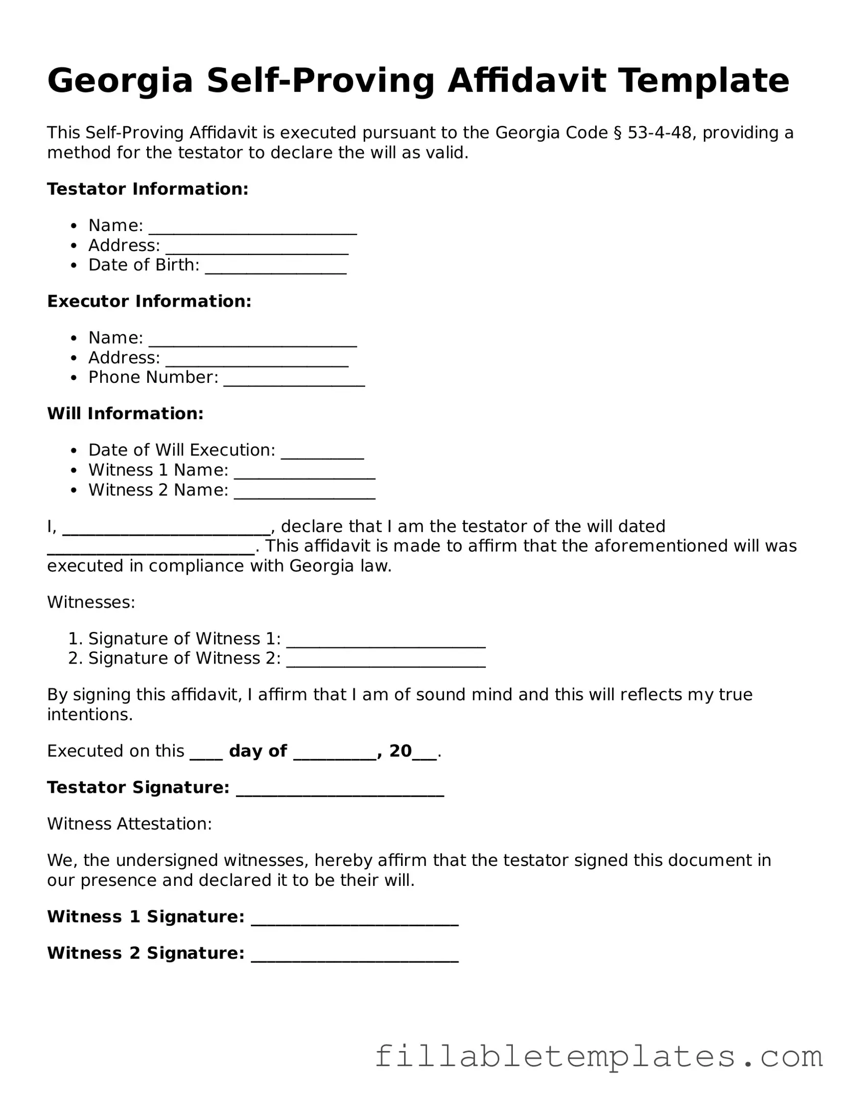 Printable Self-Proving Affidavit Form for the State of Georgia