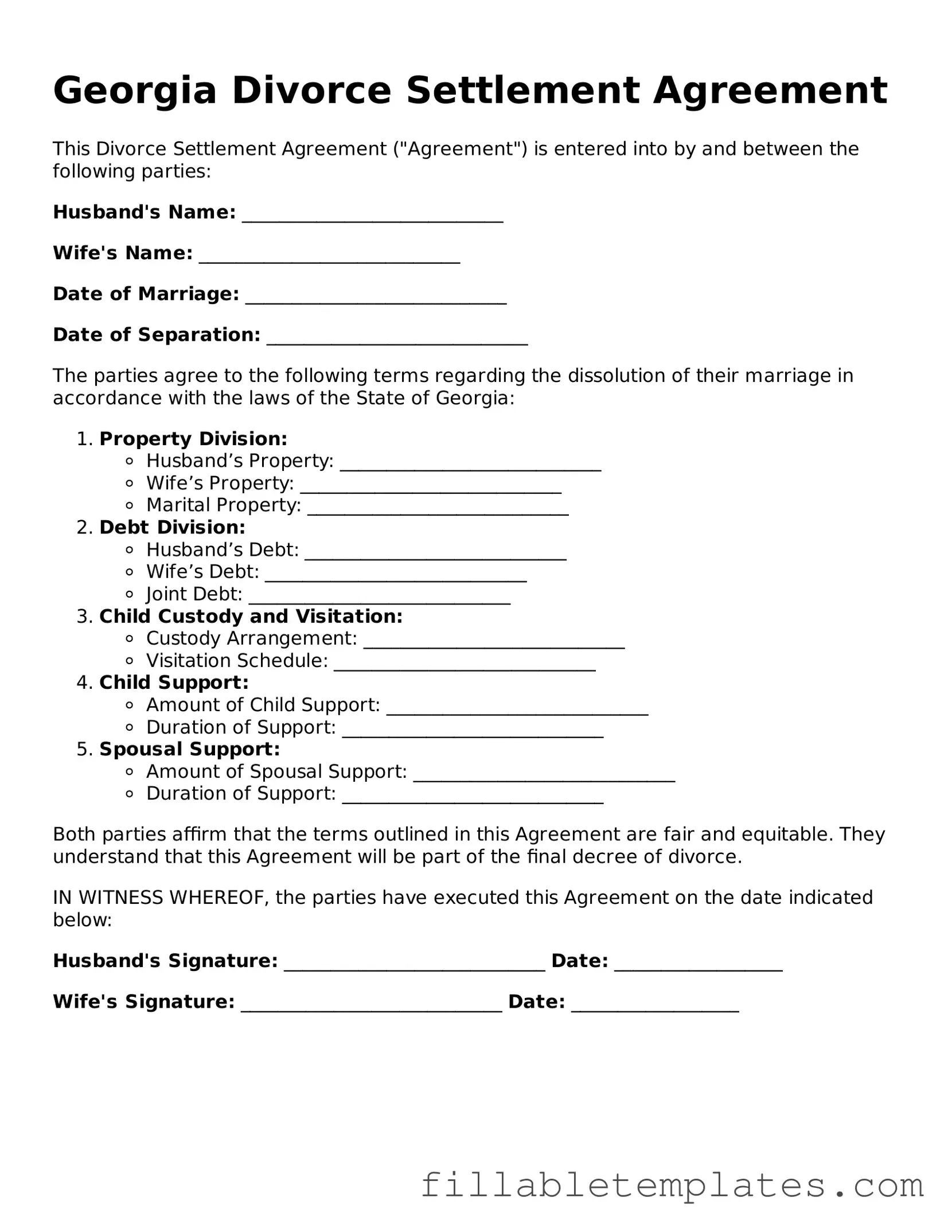 Printable Divorce Settlement Agreement Form for the State of Georgia