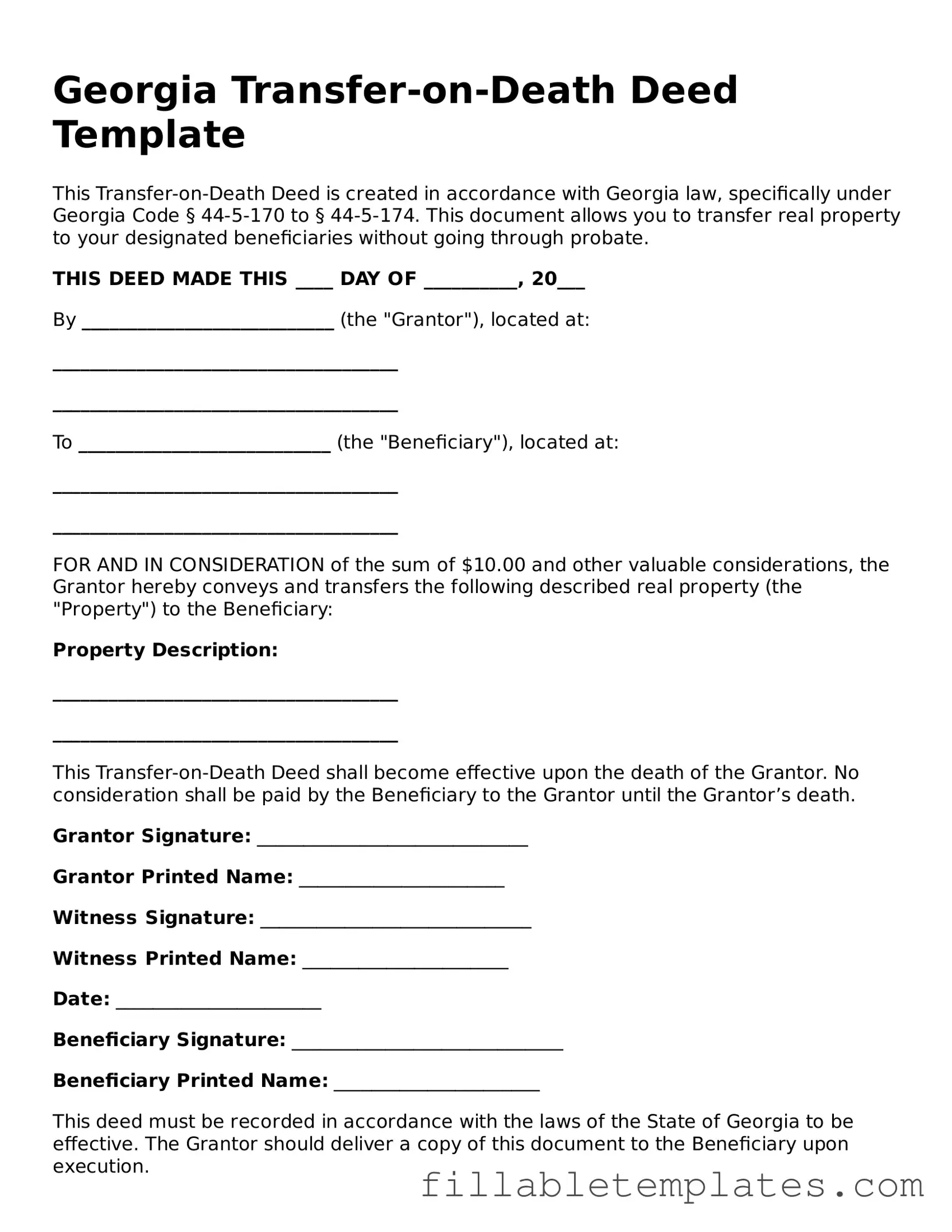 Printable Transfer-on-Death Deed Form for the State of Georgia