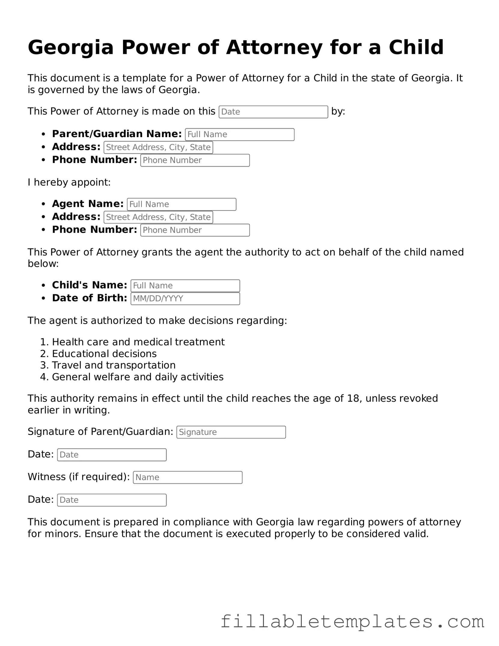 Printable Power of Attorney for a Child Form for the State of Georgia