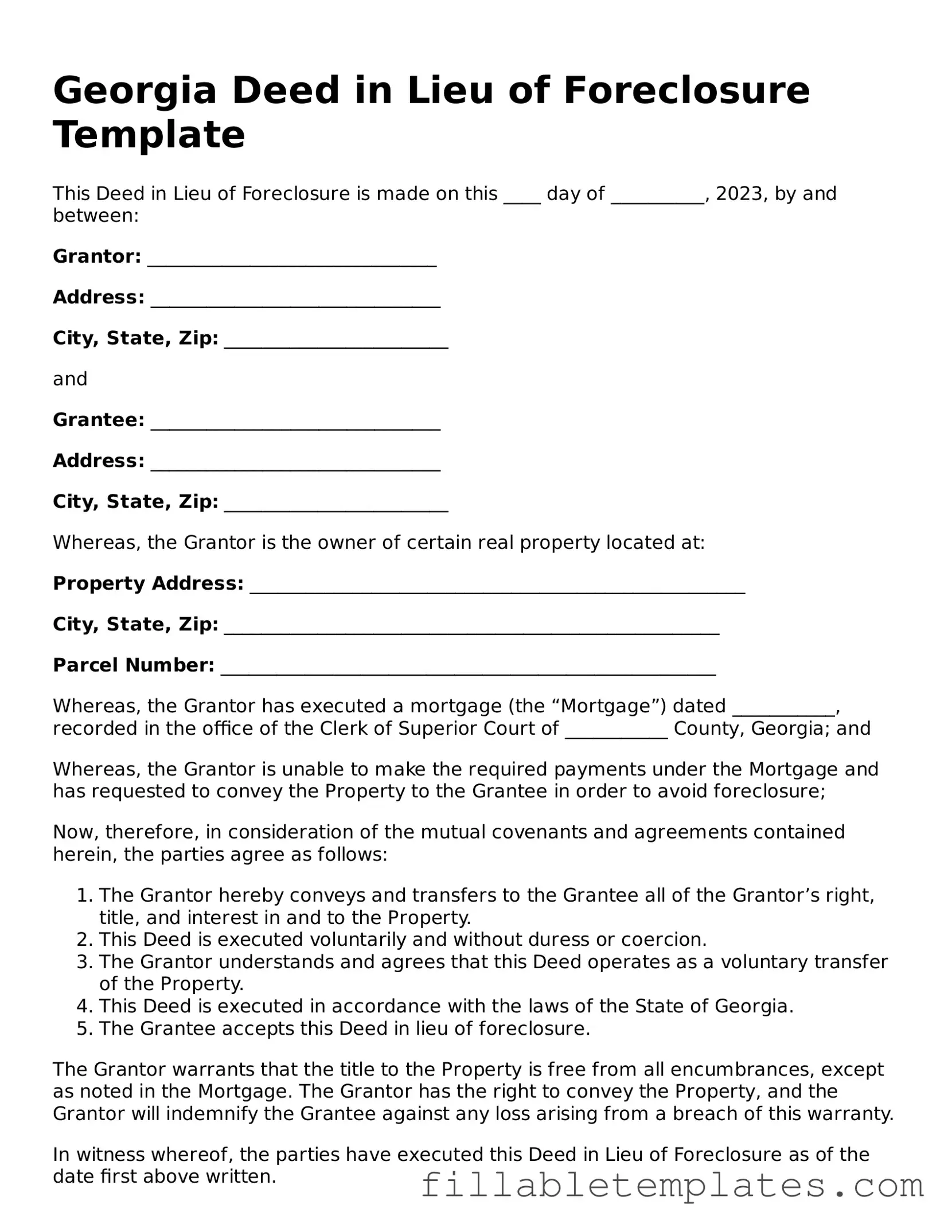 Printable Deed in Lieu of Foreclosure Form for the State of Georgia