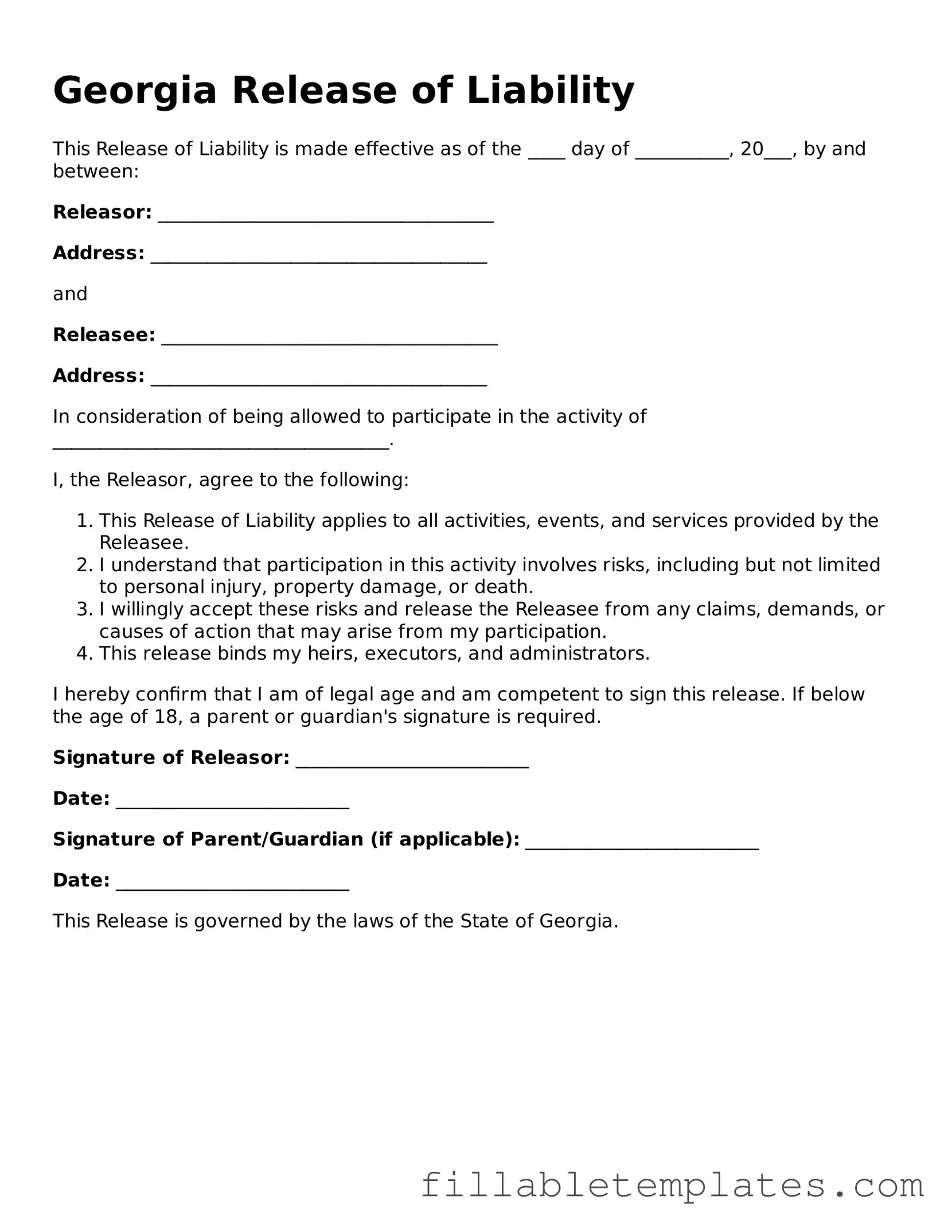 Printable Release of Liability Form for the State of Georgia