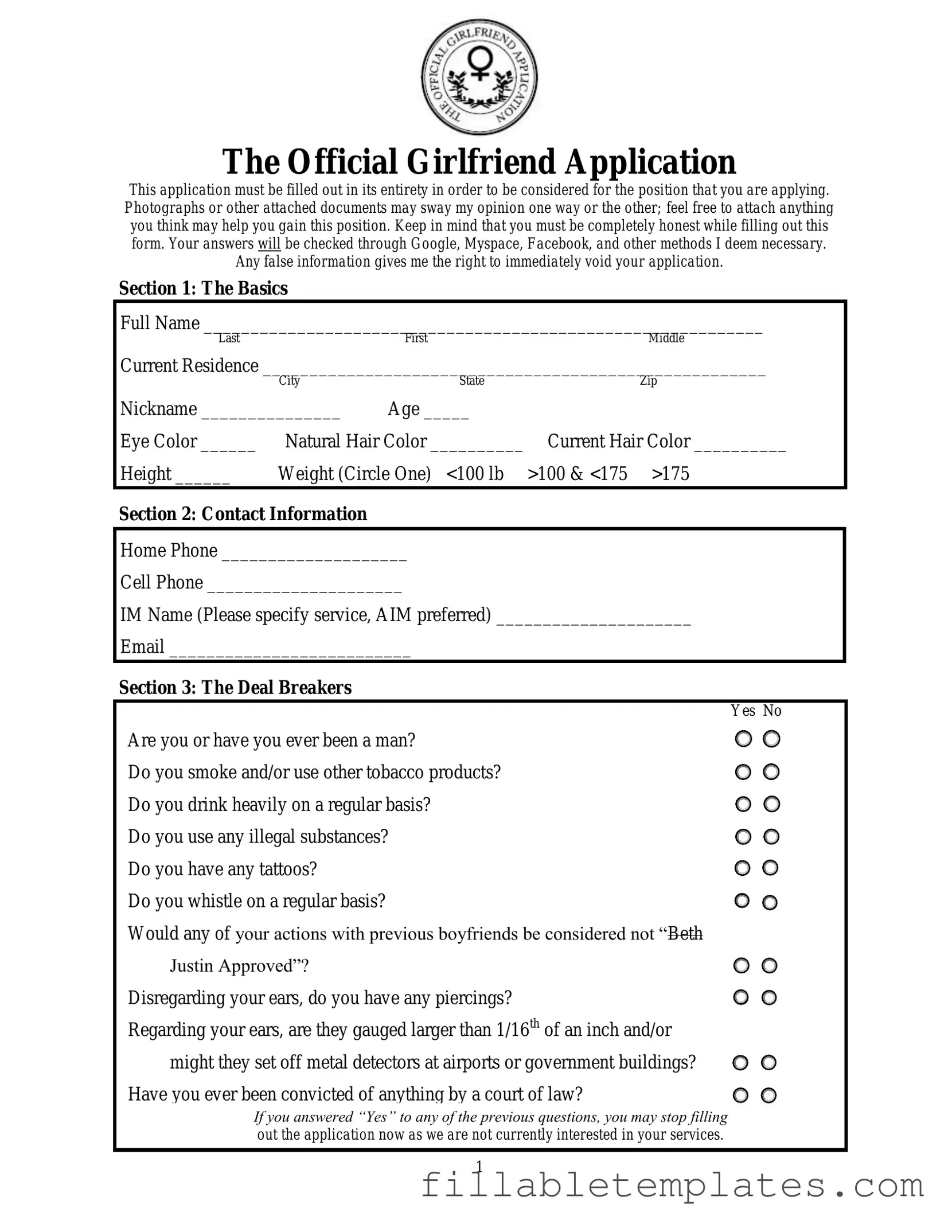 Official Girlfriend Application Template in PDF