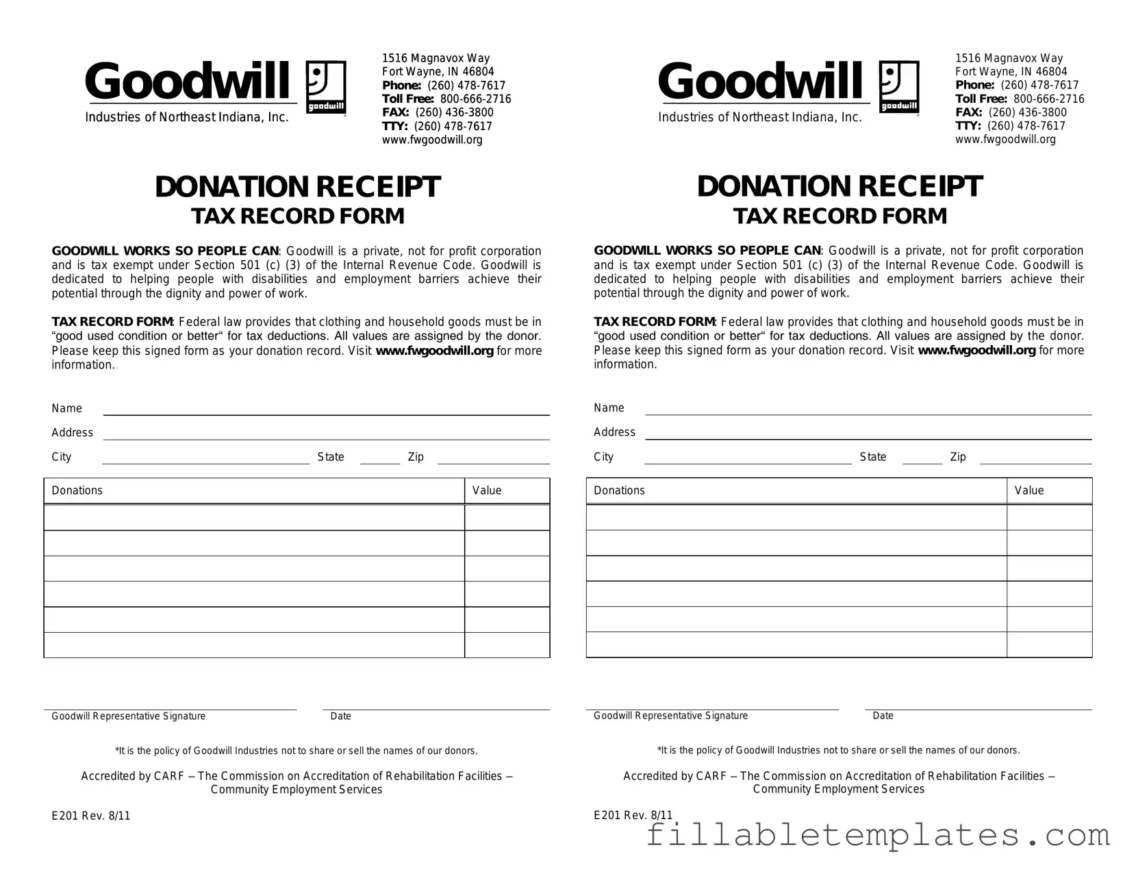 Official Goodwill donation receipt Template in PDF