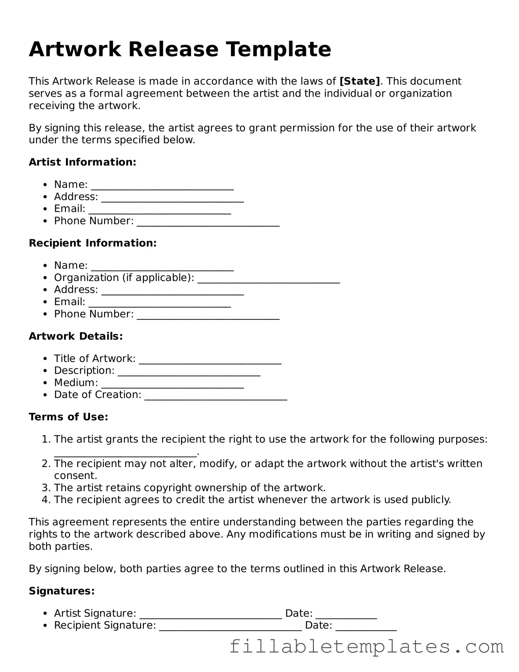 Printable Artwork Release Form