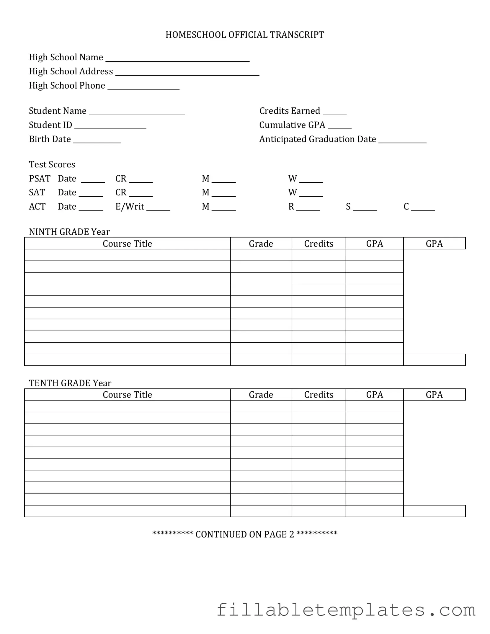 Official High School Transcript Template in PDF