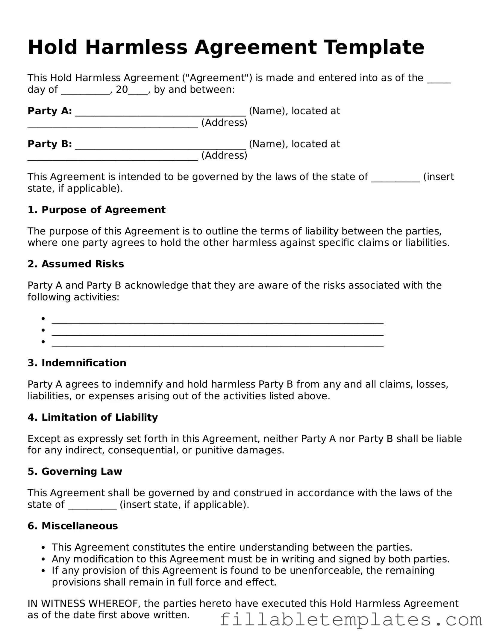 Printable Hold Harmless Agreement Form