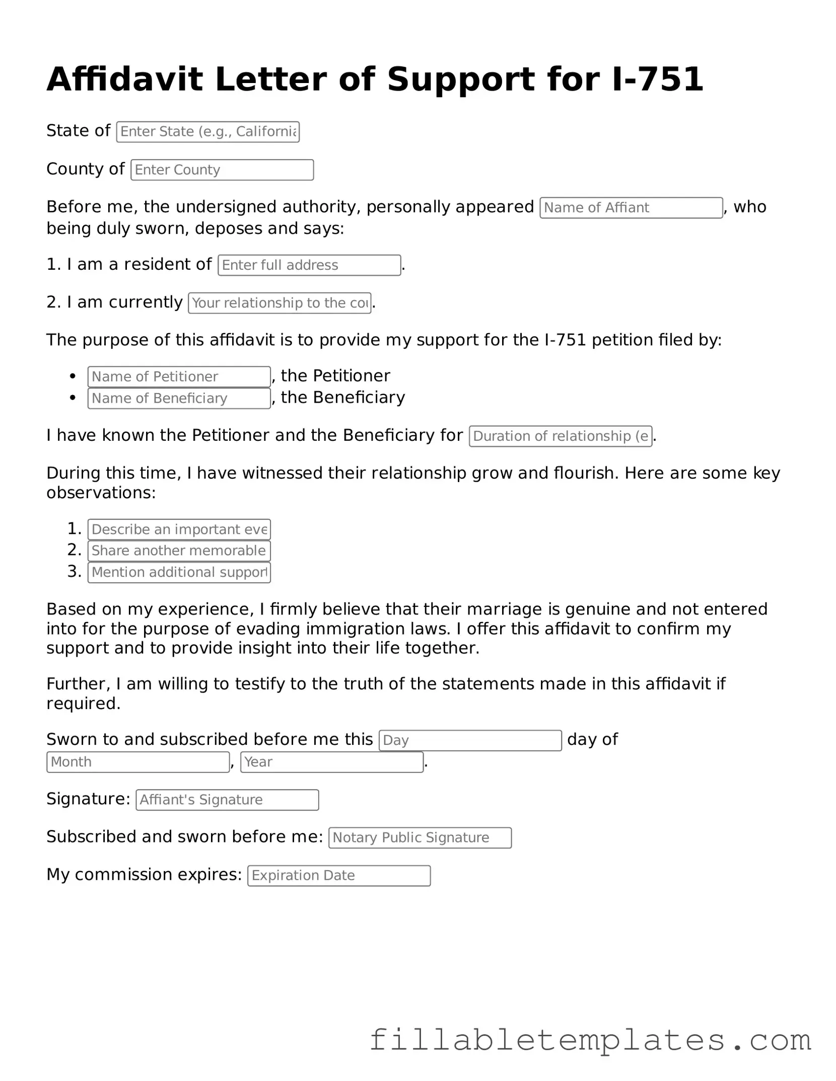 Printable Affidavit Letter of Support for I-751 Form