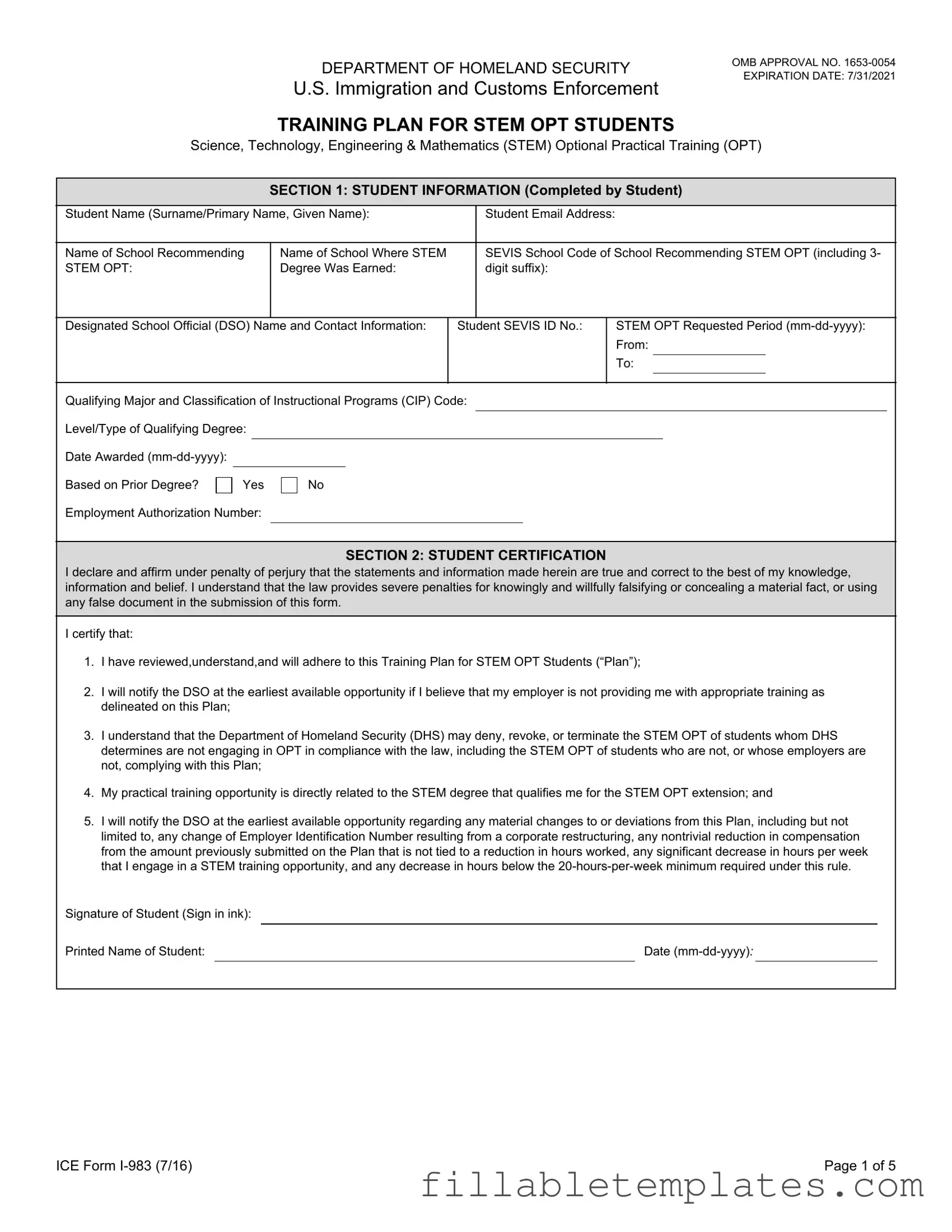 Official ICE I-983 Template in PDF