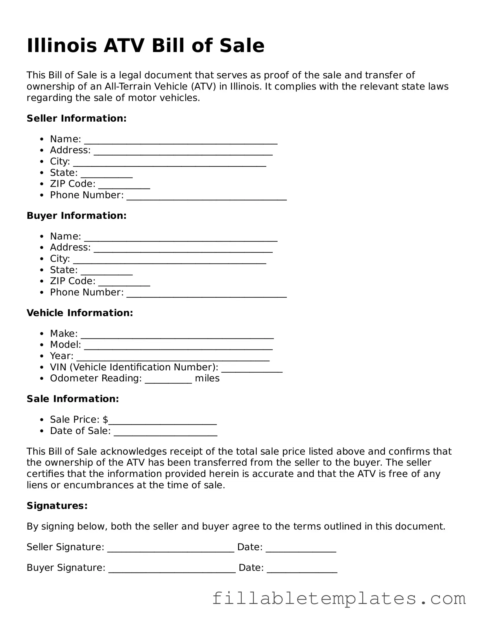 Printable ATV Bill of Sale Form for the State of Illinois