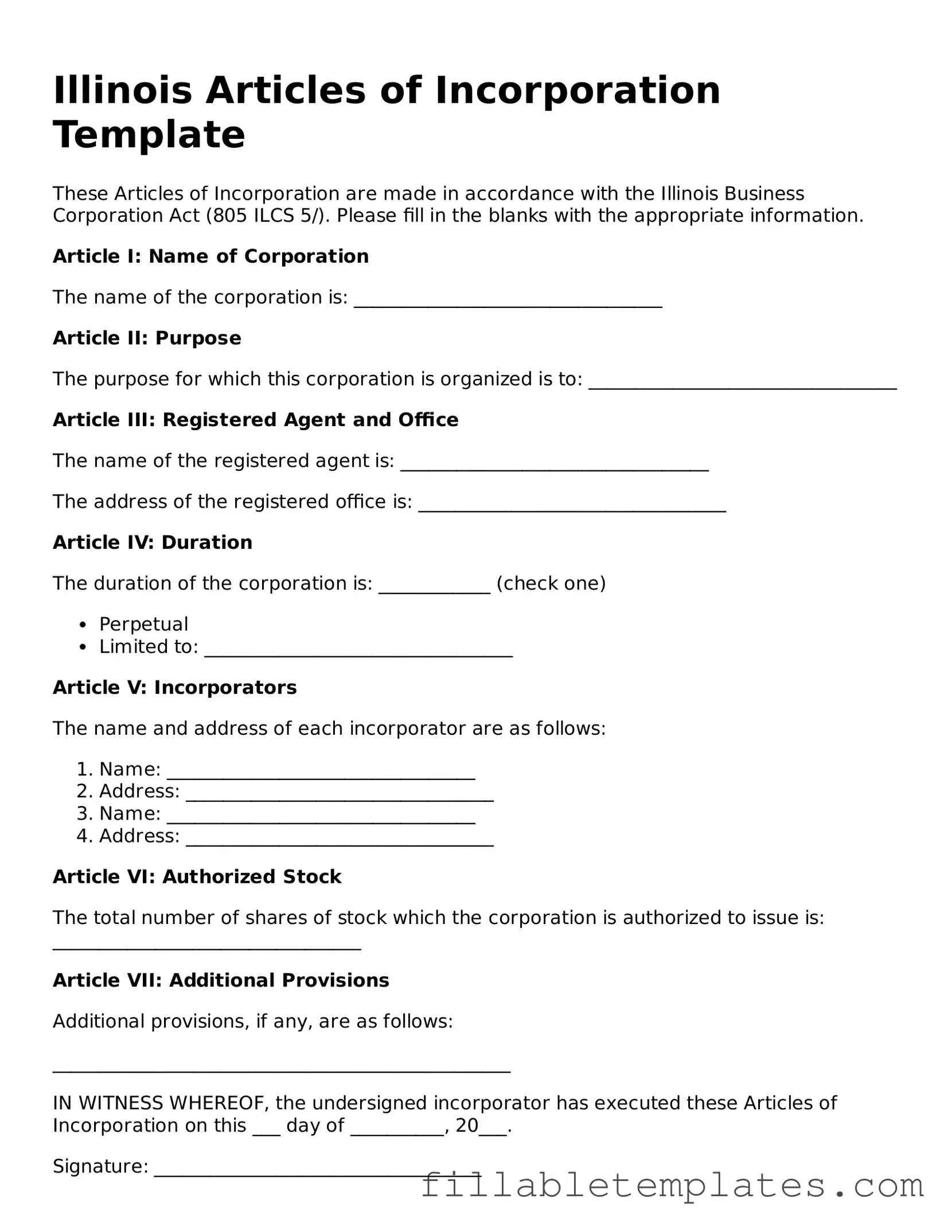 Printable Articles of Incorporation Form for the State of Illinois