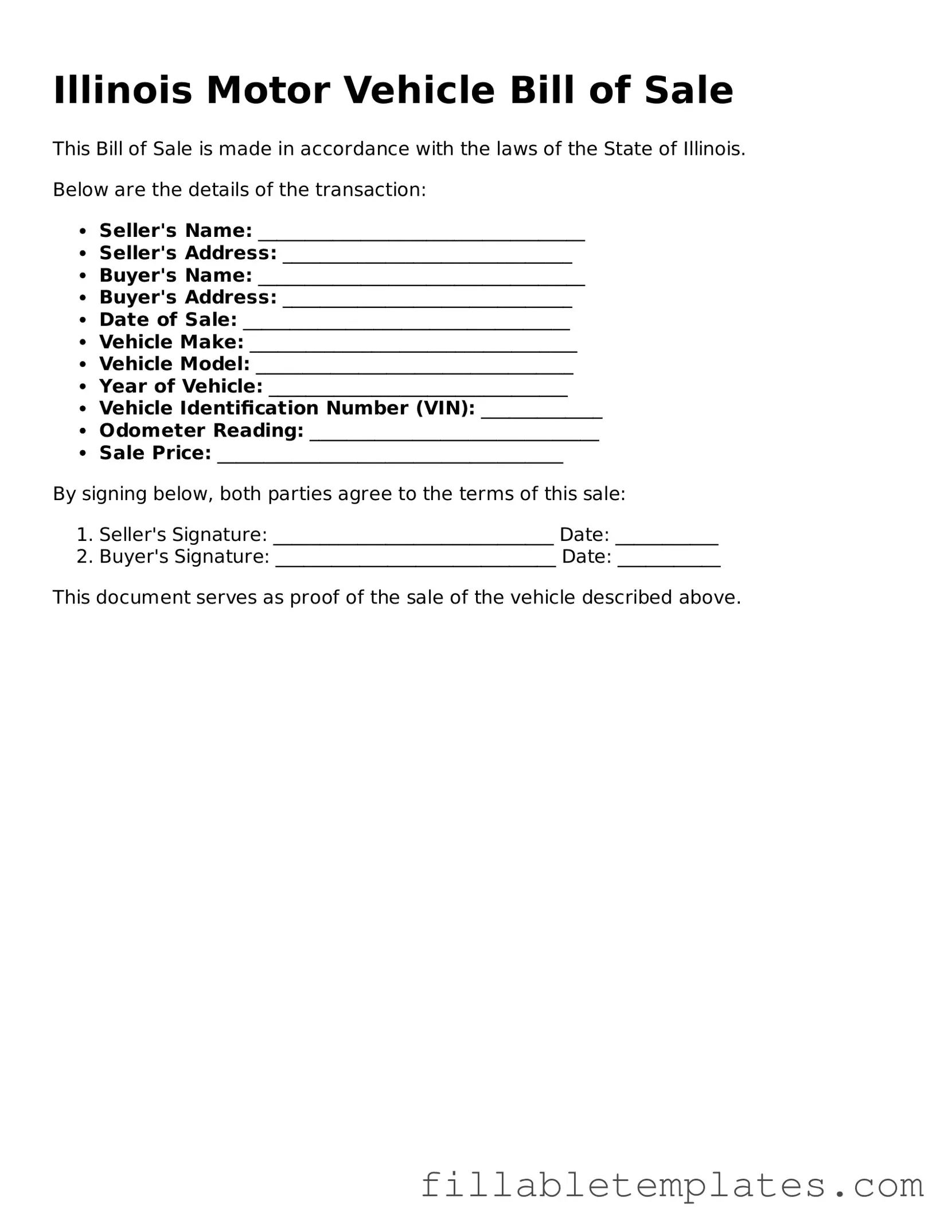 Printable Motor Vehicle Bill of Sale Form for the State of Illinois