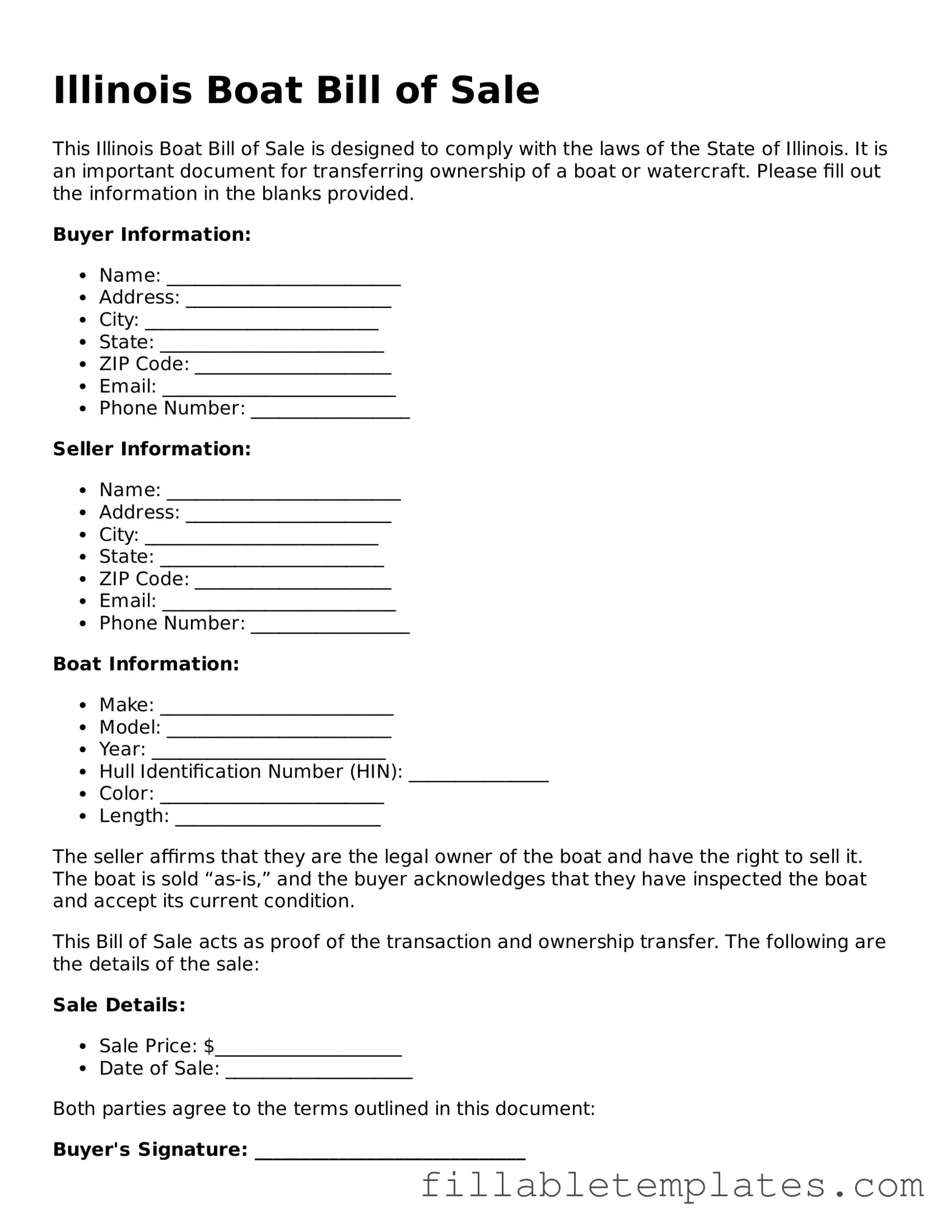 Printable Boat Bill of Sale Form for the State of Illinois