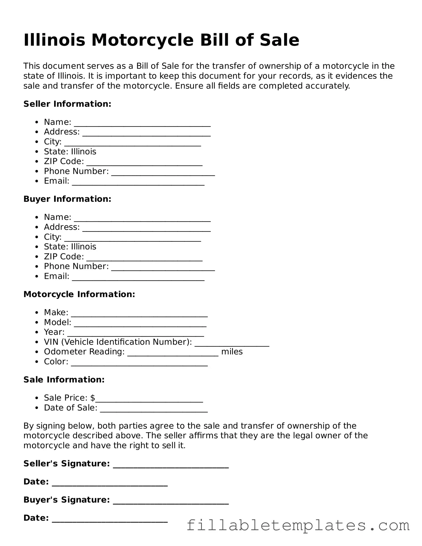 Printable Motorcycle Bill of Sale Form for the State of Illinois