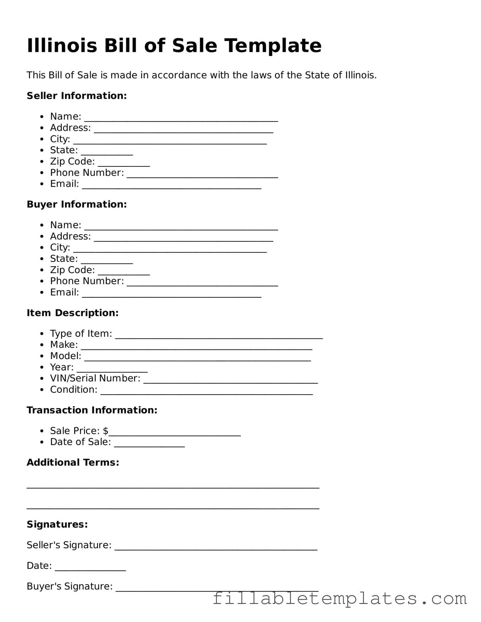 Printable Bill of Sale Form for the State of Illinois