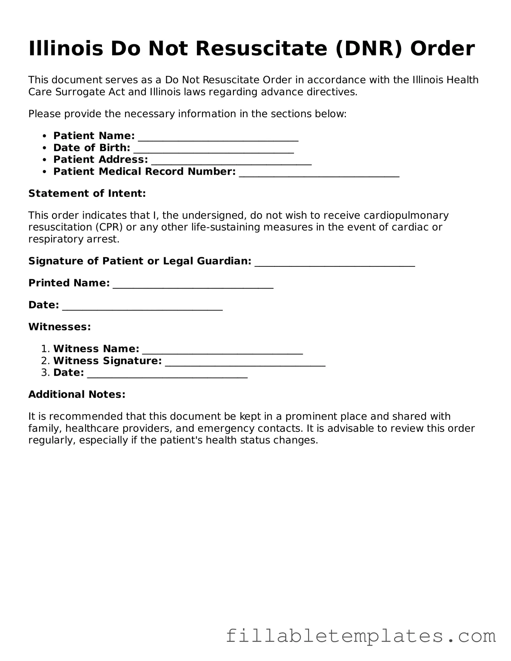 Printable Do Not Resuscitate Order Form for the State of Illinois