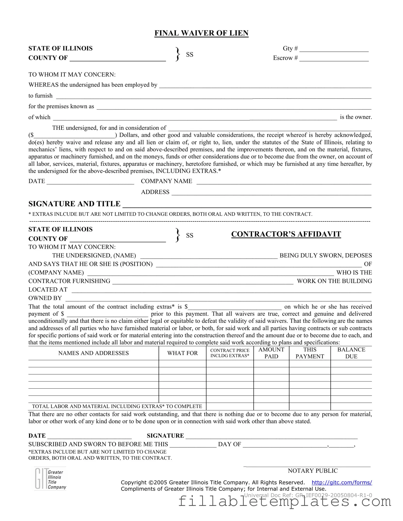 Official Illinois Final Waiver Of Lien Template in PDF