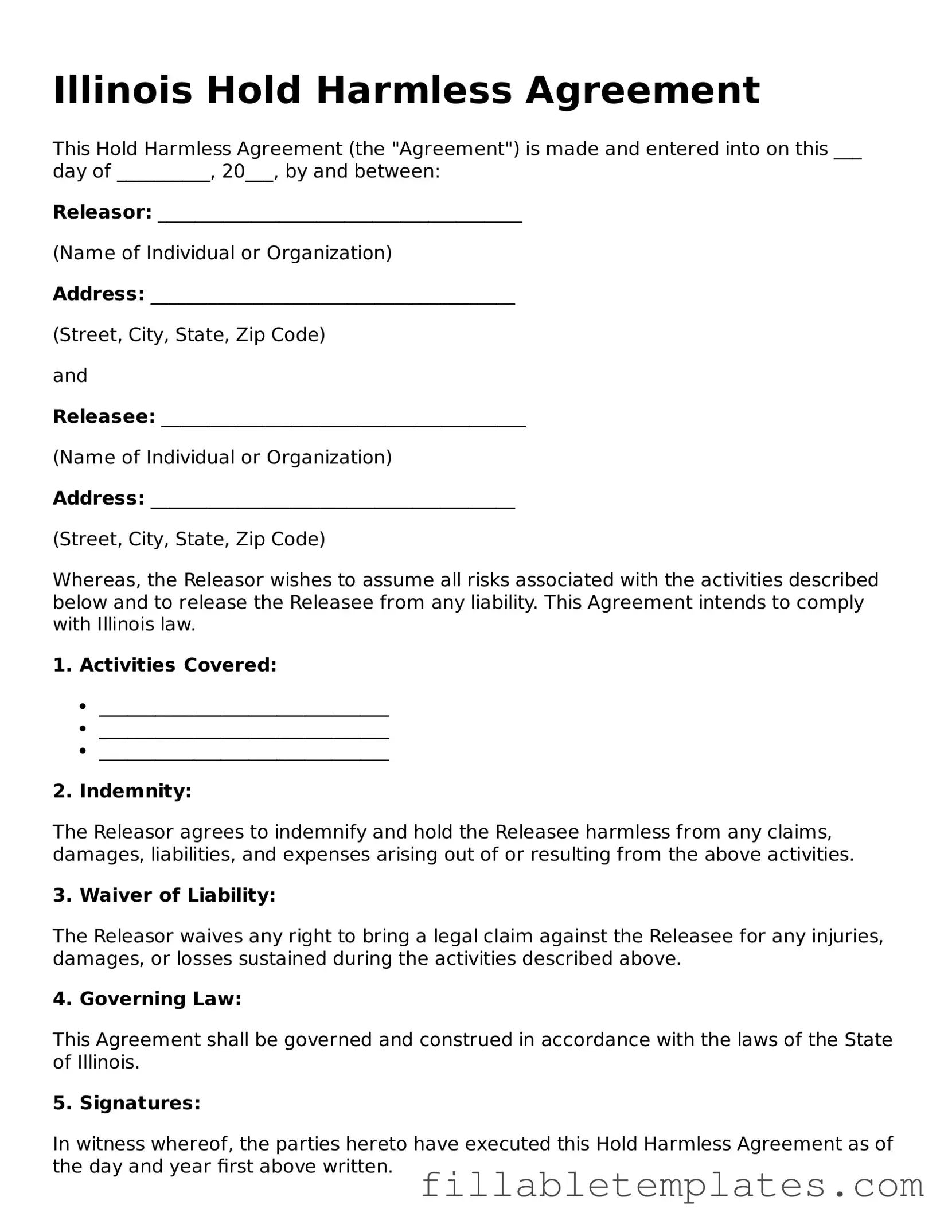 Printable Hold Harmless Agreement Form for the State of Illinois