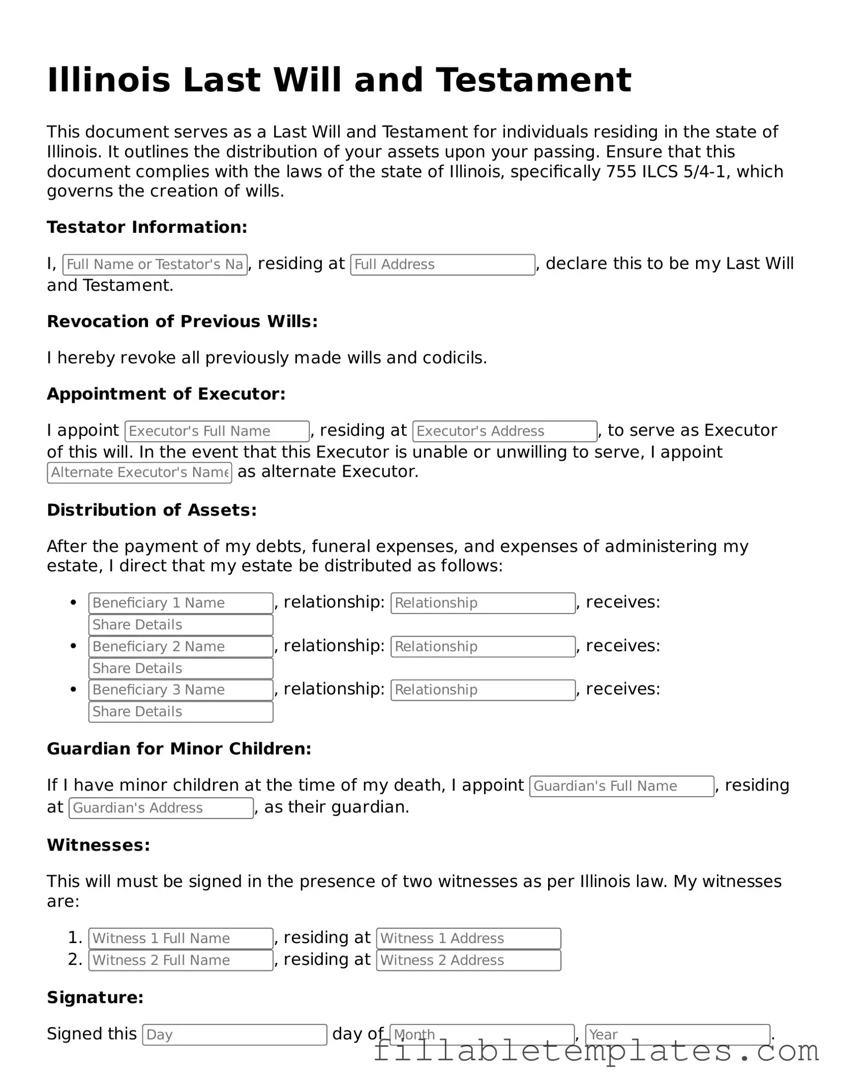 Printable Last Will and Testament Form for the State of Illinois