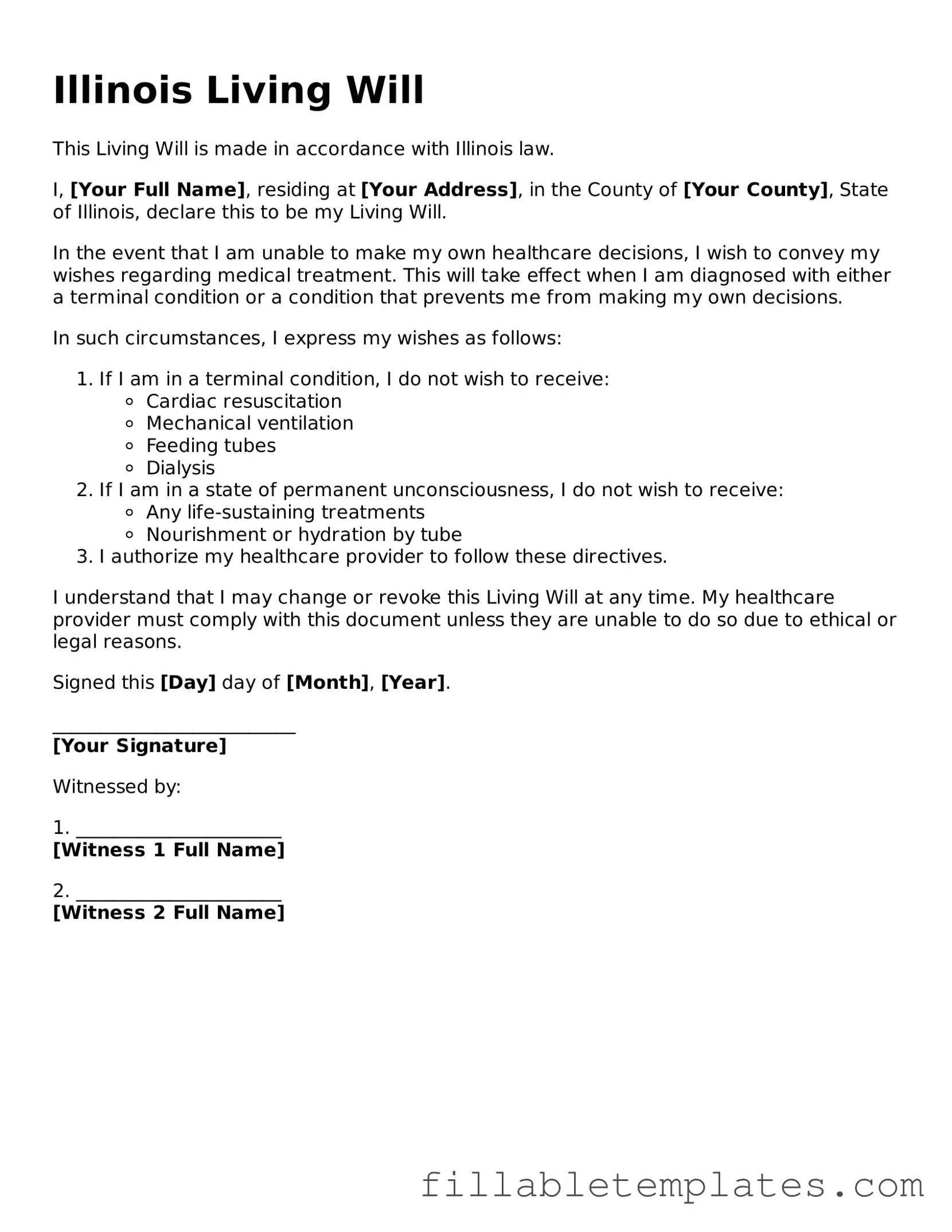 Printable Living Will Form for the State of Illinois