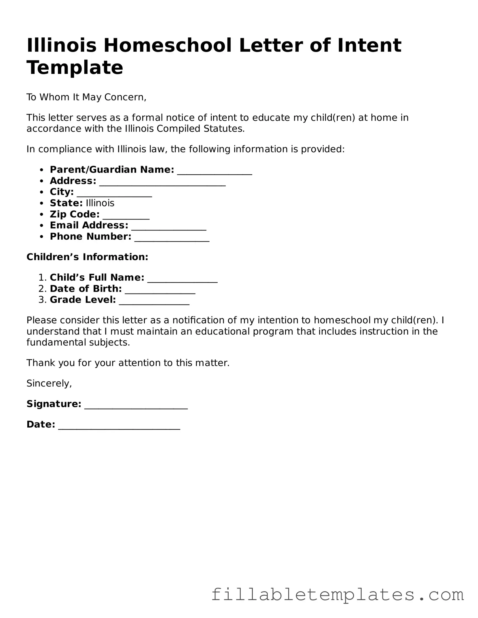 Printable Homeschool Letter of Intent Form for the State of Illinois