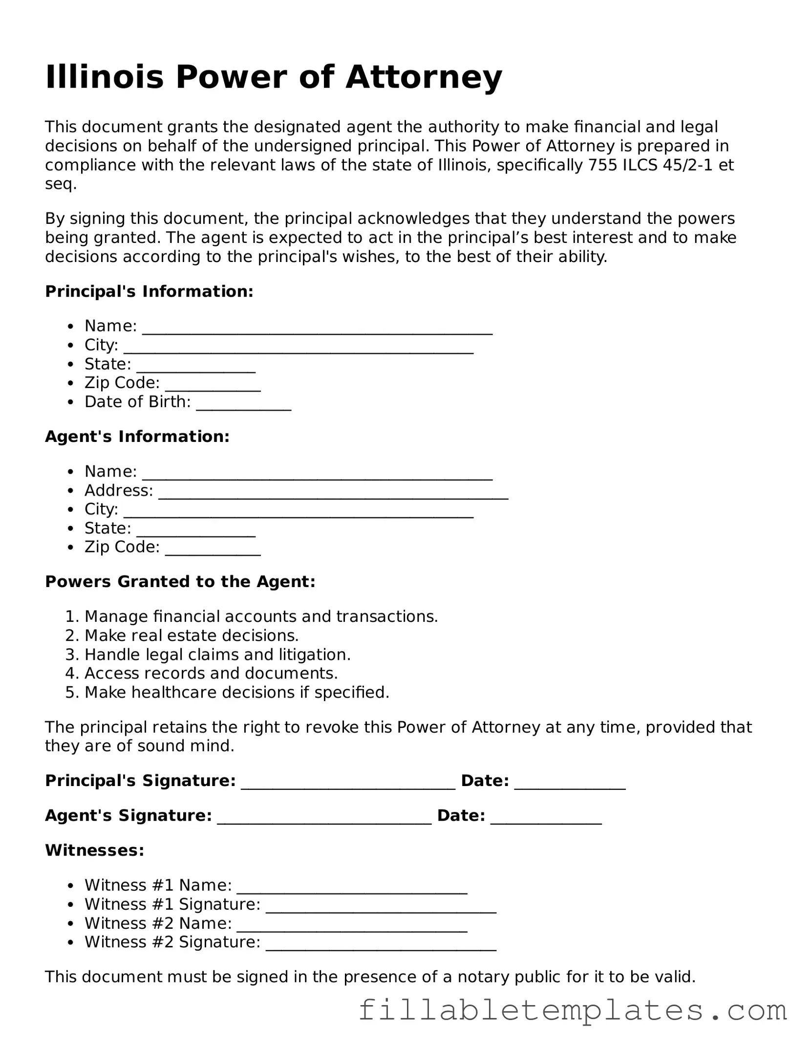 Printable Power of Attorney Form for the State of Illinois