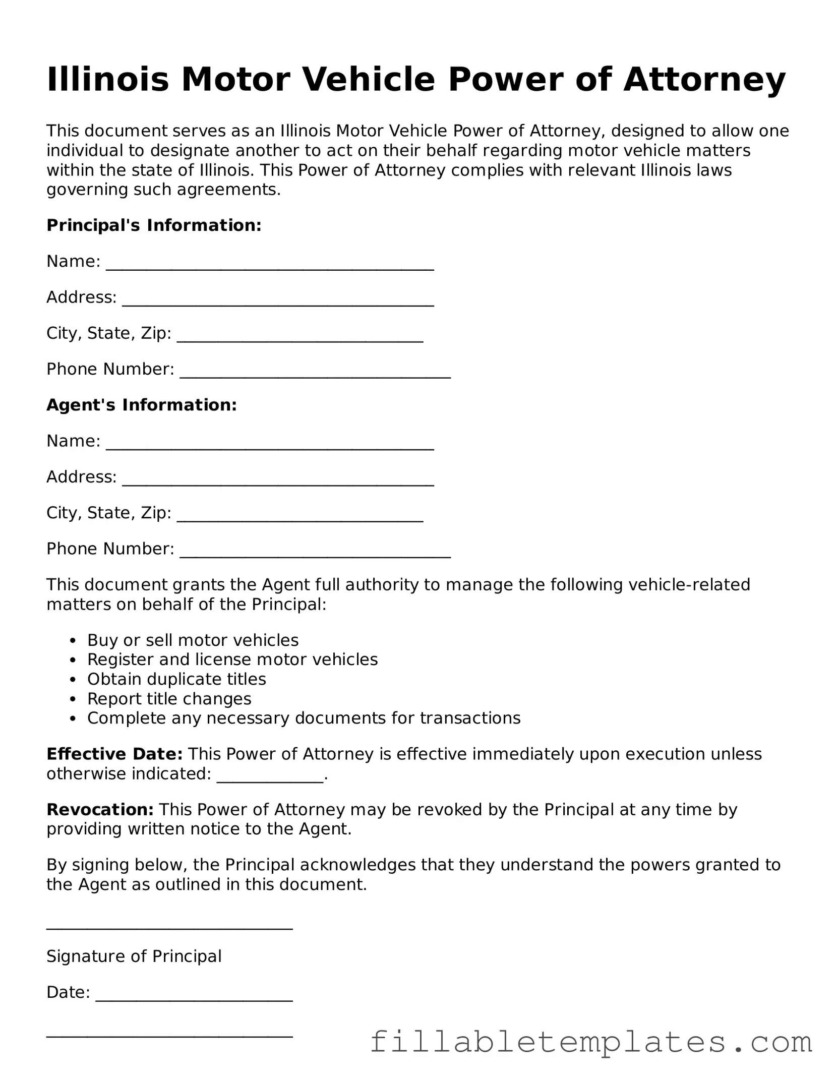 Printable Motor Vehicle Power of Attorney Form for the State of Illinois