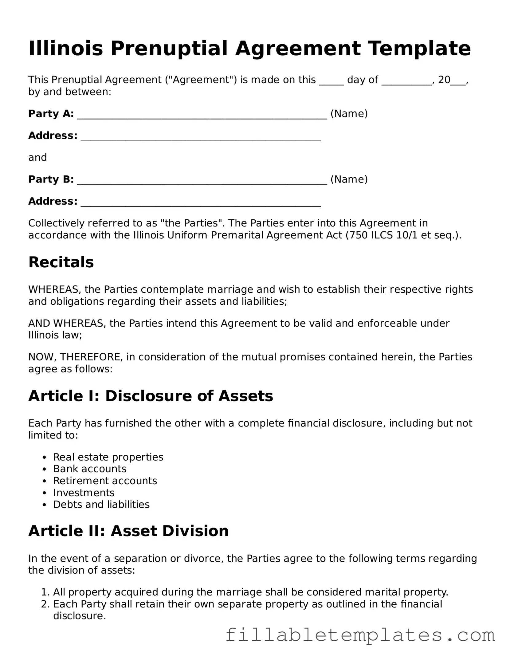 Printable Prenuptial Agreement Form for the State of Illinois
