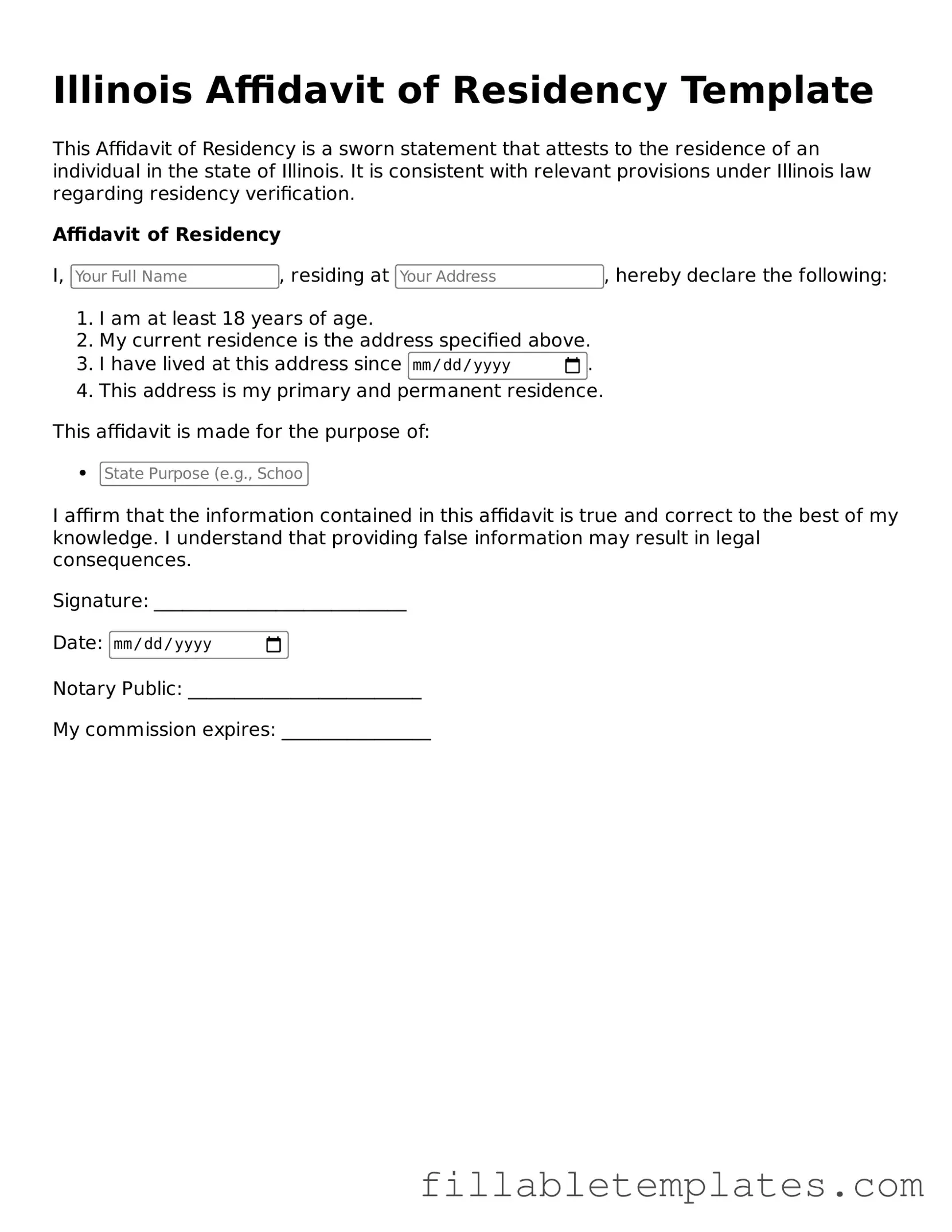 Printable Affidavit of Residency Form for the State of Illinois