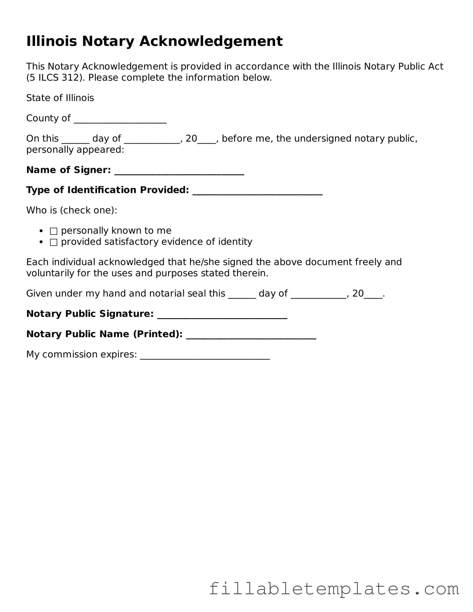 Printable Notary Acknowledgement Form for the State of Illinois
