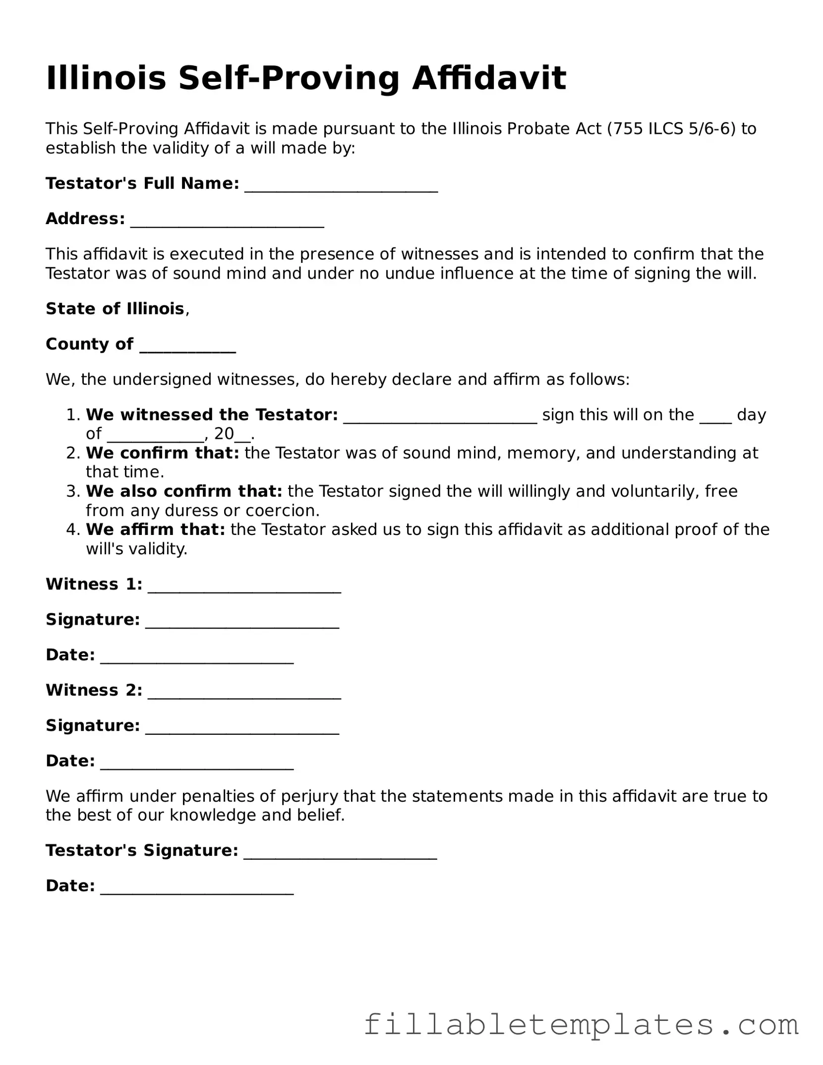 Printable Self-Proving Affidavit Form for the State of Illinois