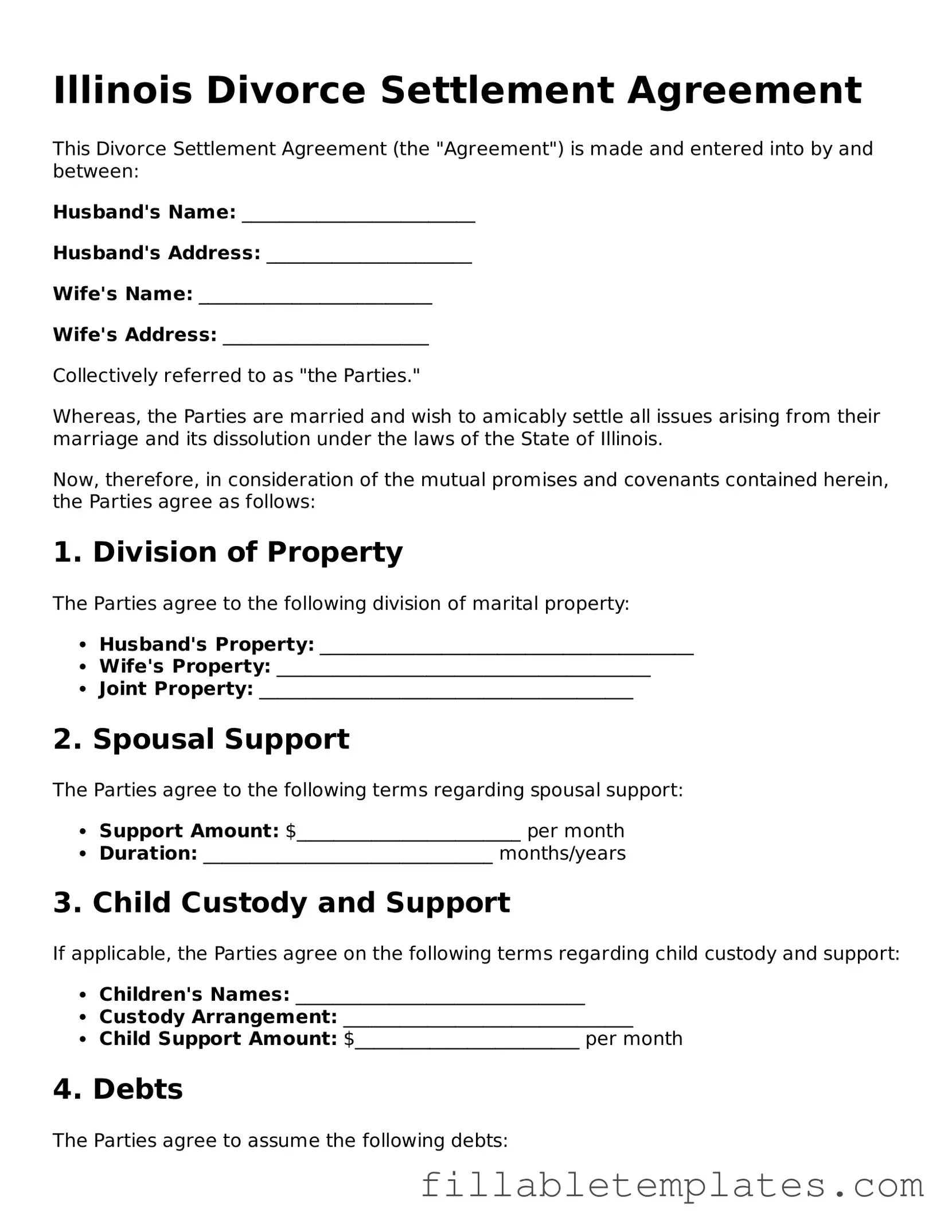 Printable Divorce Settlement Agreement Form for the State of Illinois