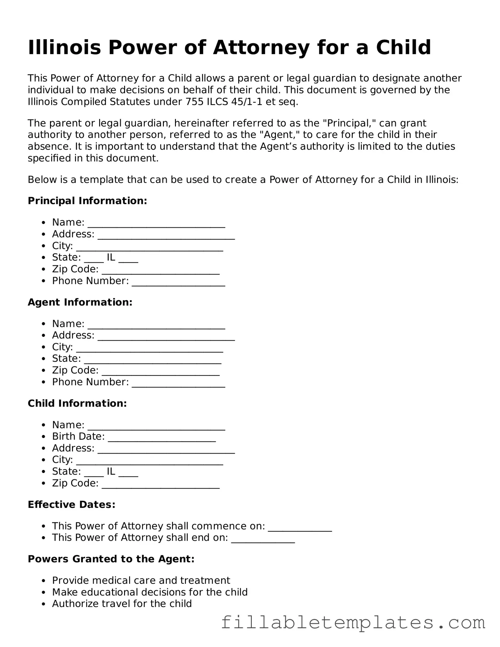 Printable Power of Attorney for a Child Form for the State of Illinois
