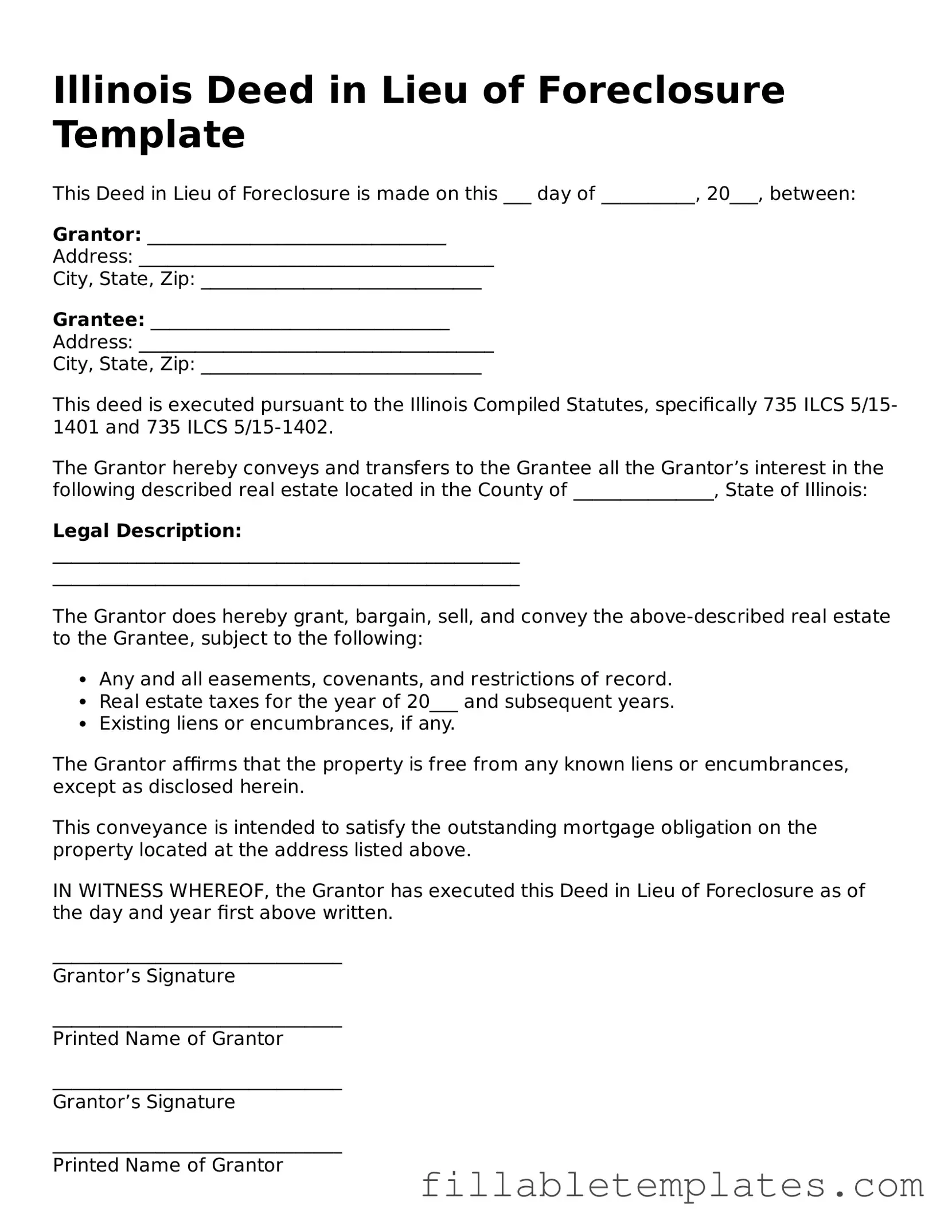 Printable Deed in Lieu of Foreclosure Form for the State of Illinois