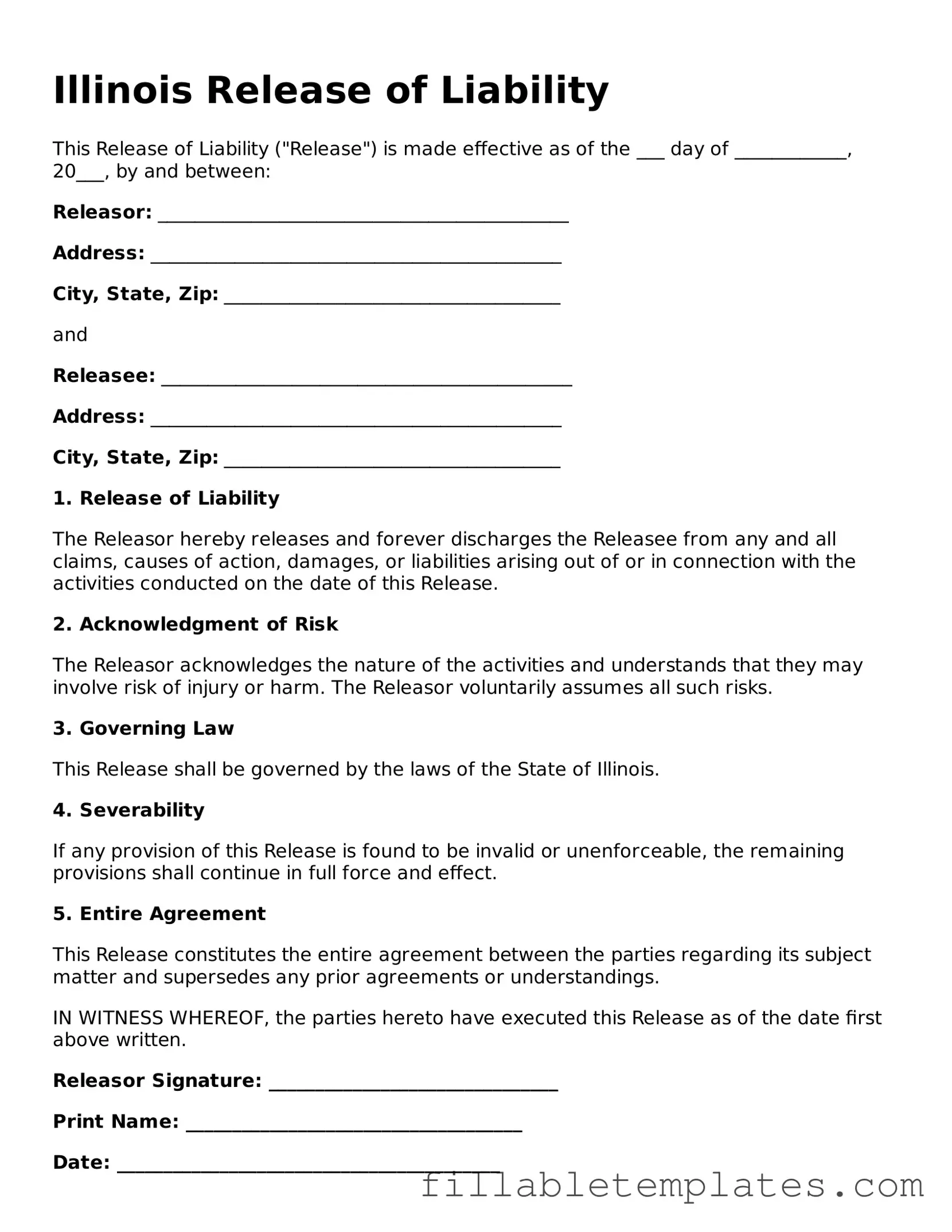 Printable Release of Liability Form for the State of Illinois