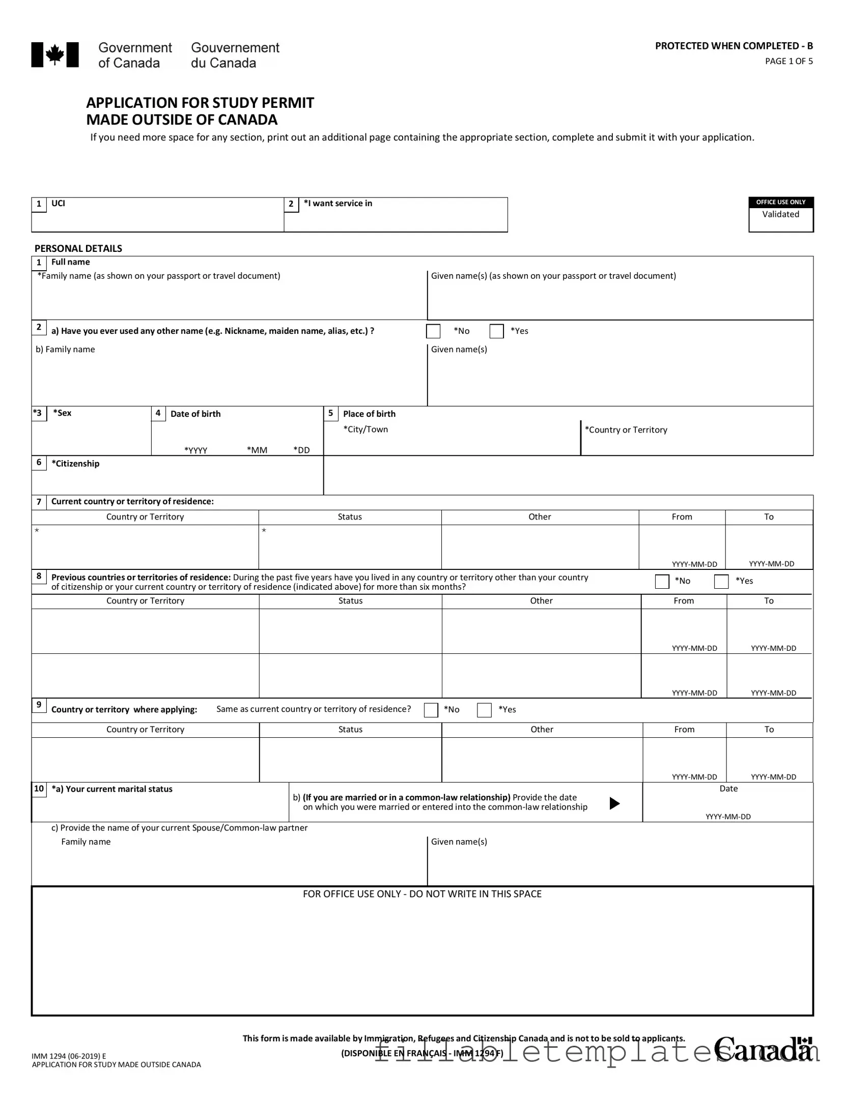 Official Imm 1294 Template in PDF