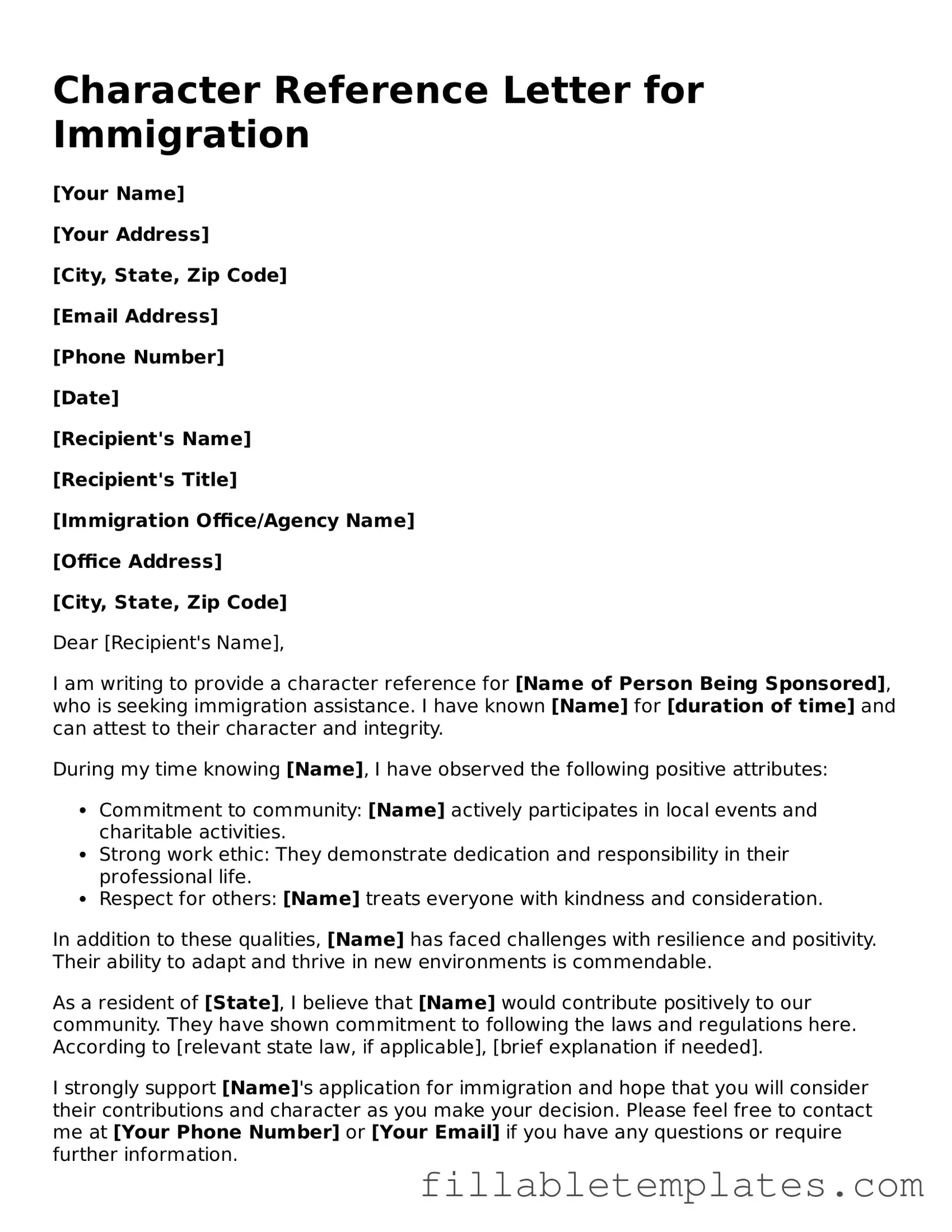 Printable Character Reference Letter for Immigration Form