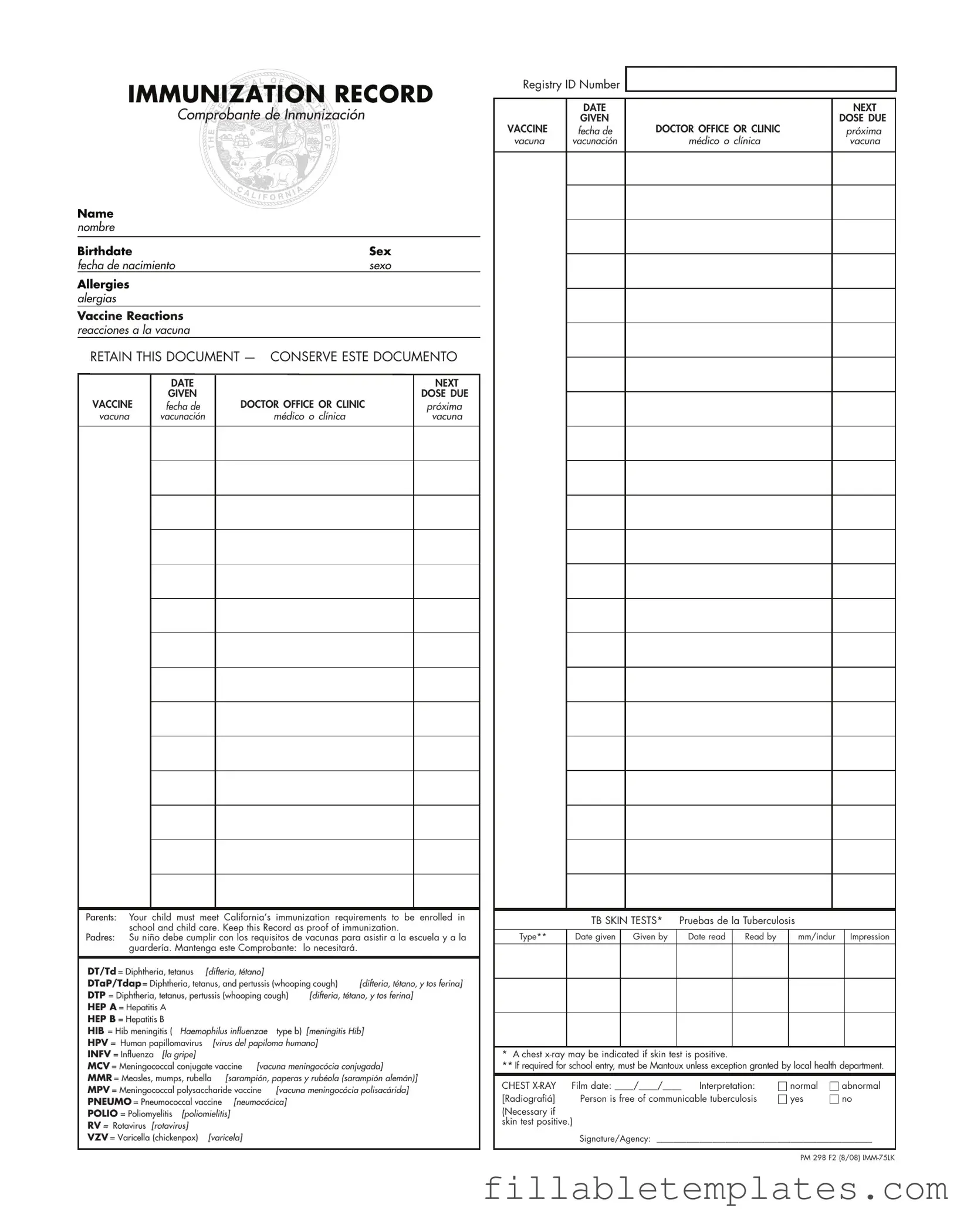 Official Immunization Record Template in PDF