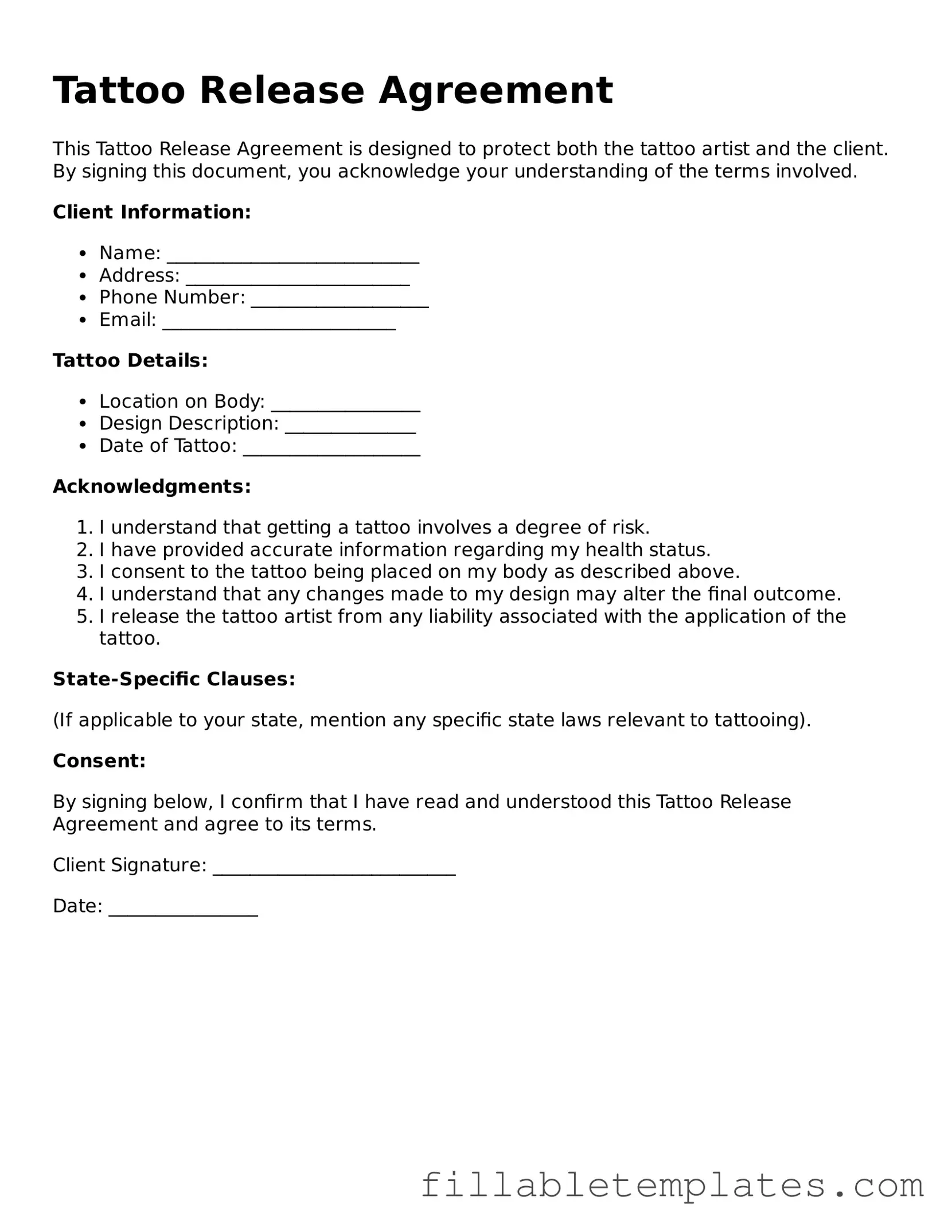 Printable Tattoo Release Form