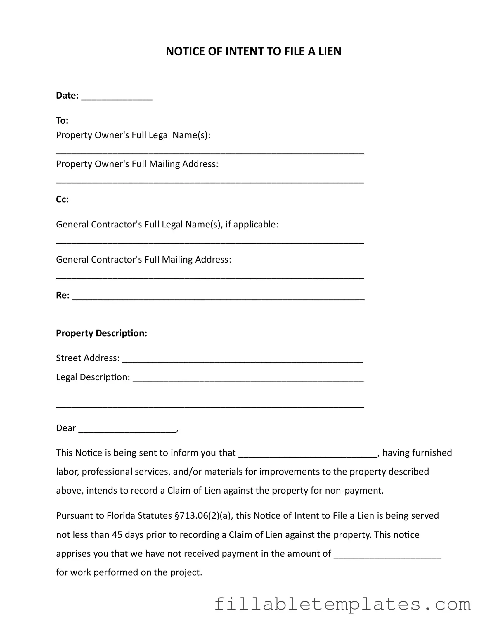 Official Intent To Lien Florida Template in PDF