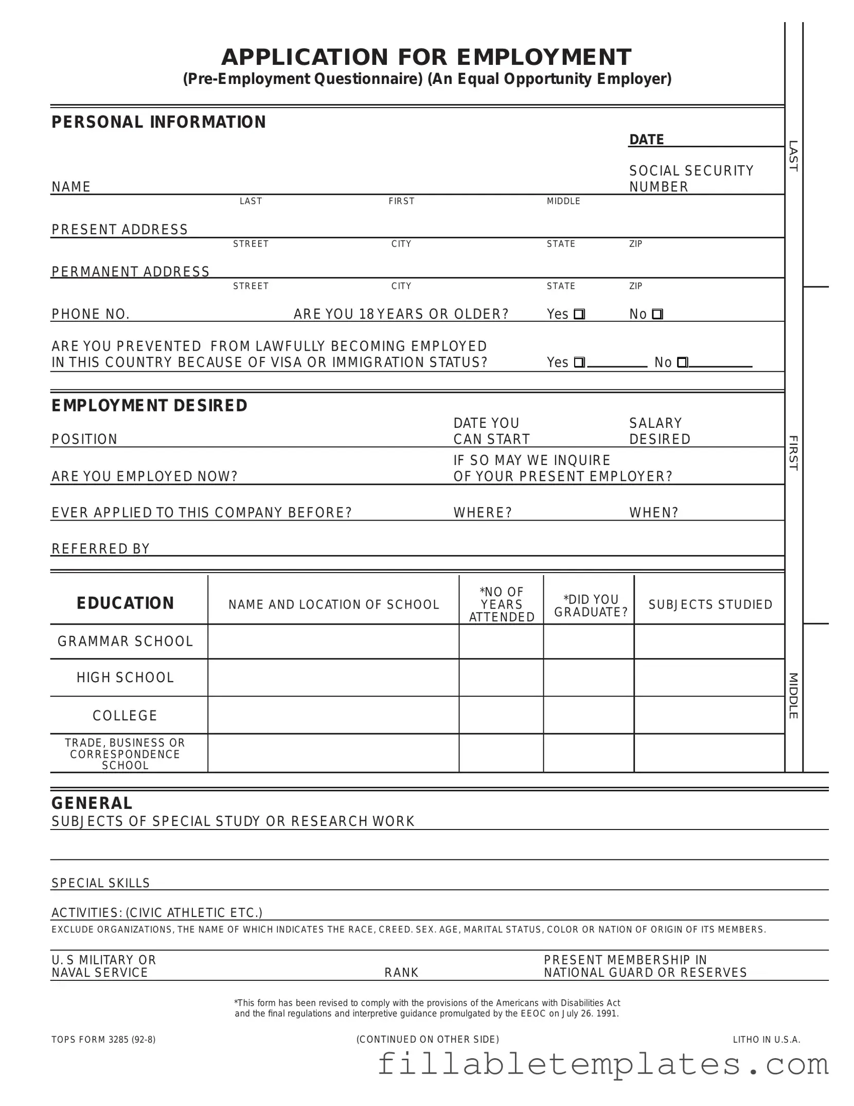 Official Employment Application Pdf Template in PDF