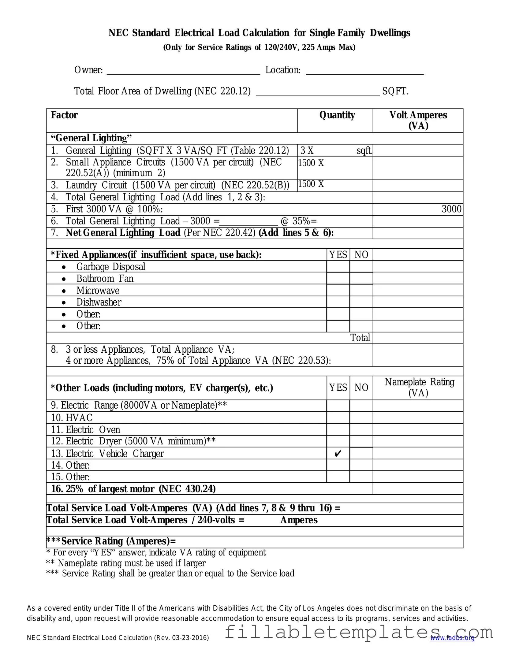 Official LADBS NEC Standard Electrical Load Calculation Template in PDF