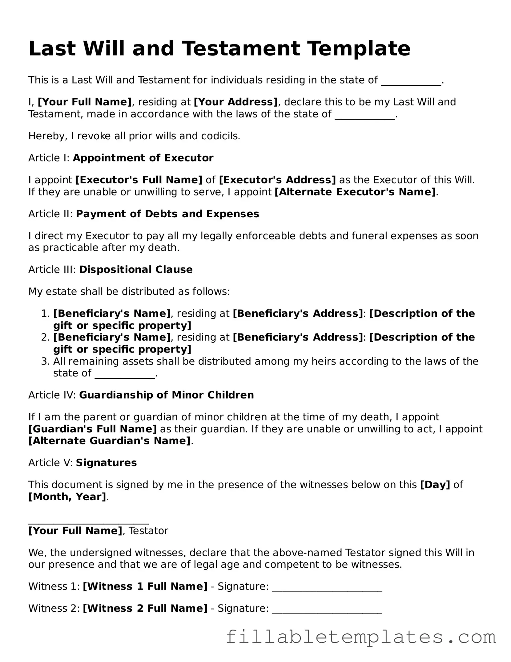 Printable Last Will and Testament Form