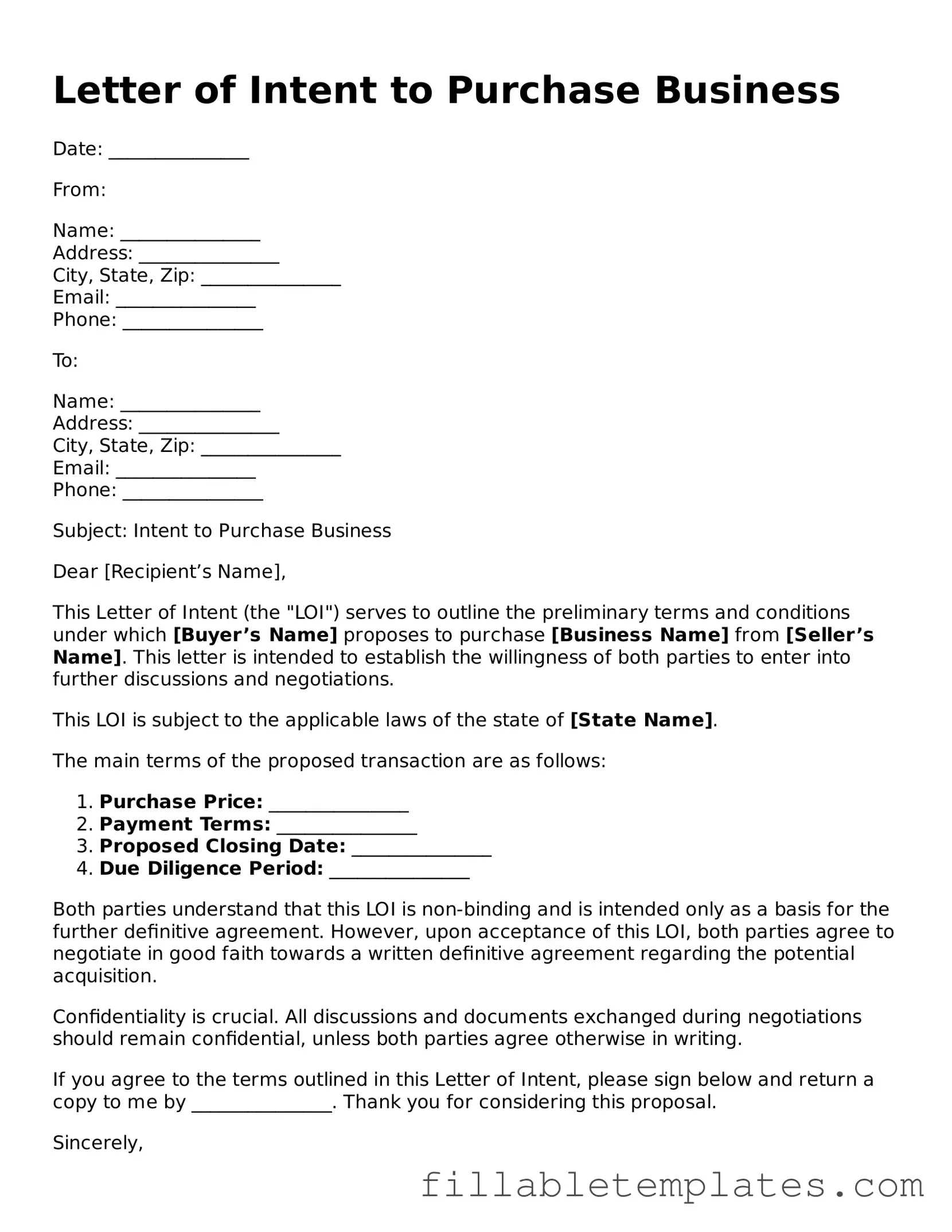 Printable Letter of Intent to Purchase Business Form